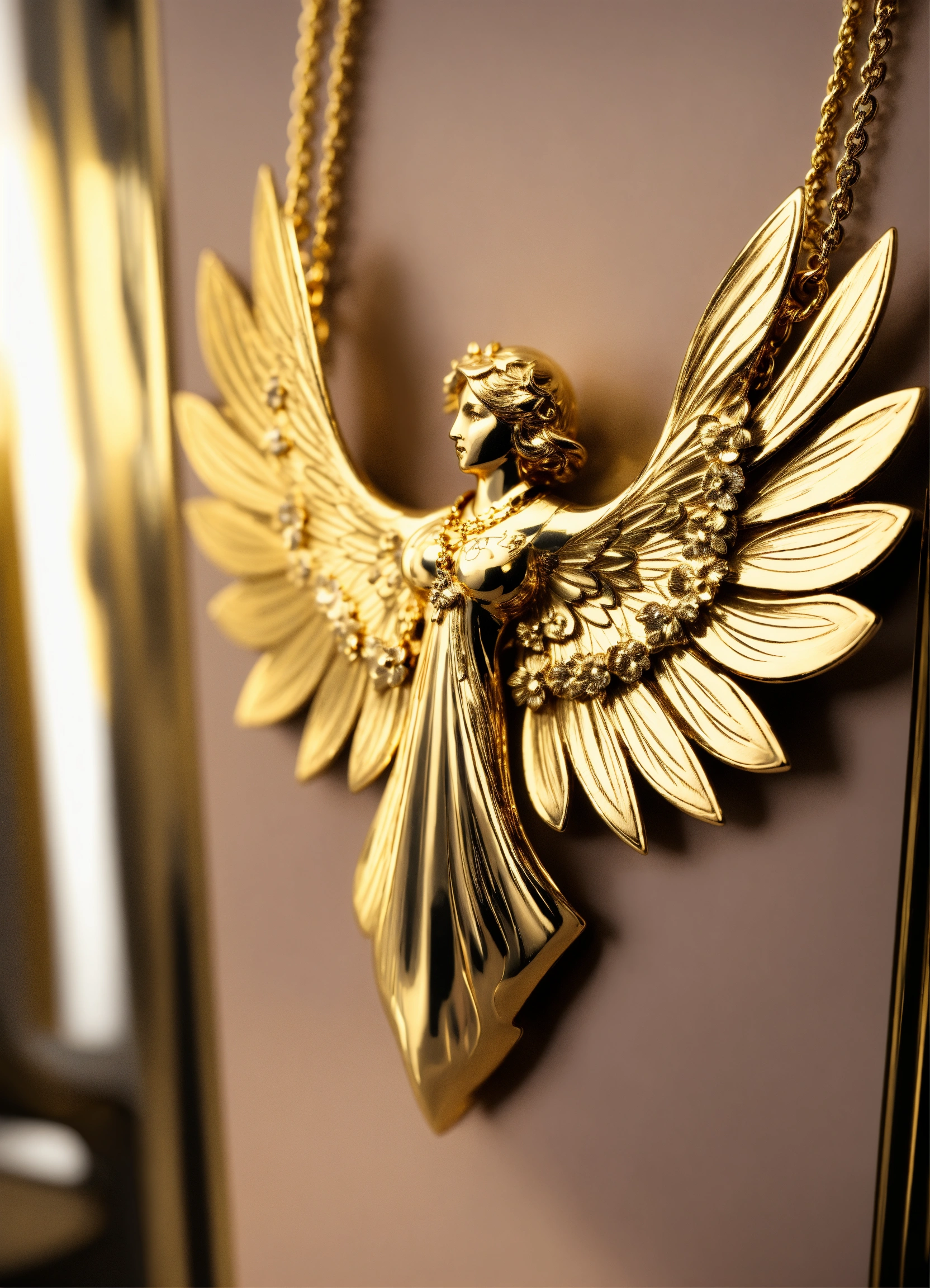 Lexica - A modest gold necklace hand engraved with an angel, highly ...