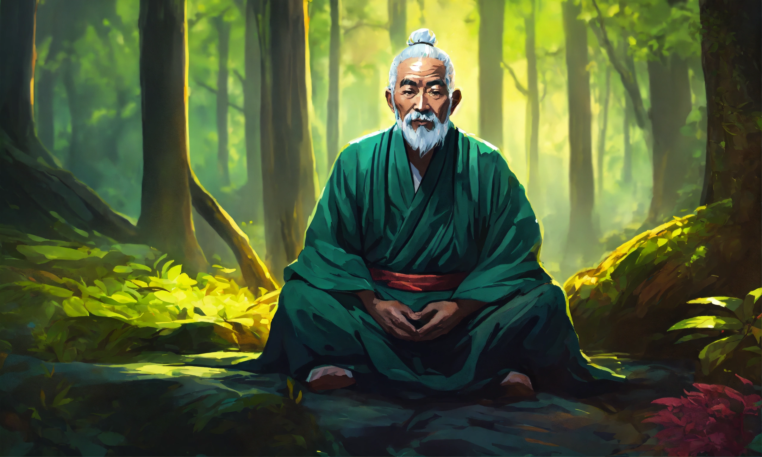 Lexica - A hand drawn painting of a an old zen master sitting in forest ...