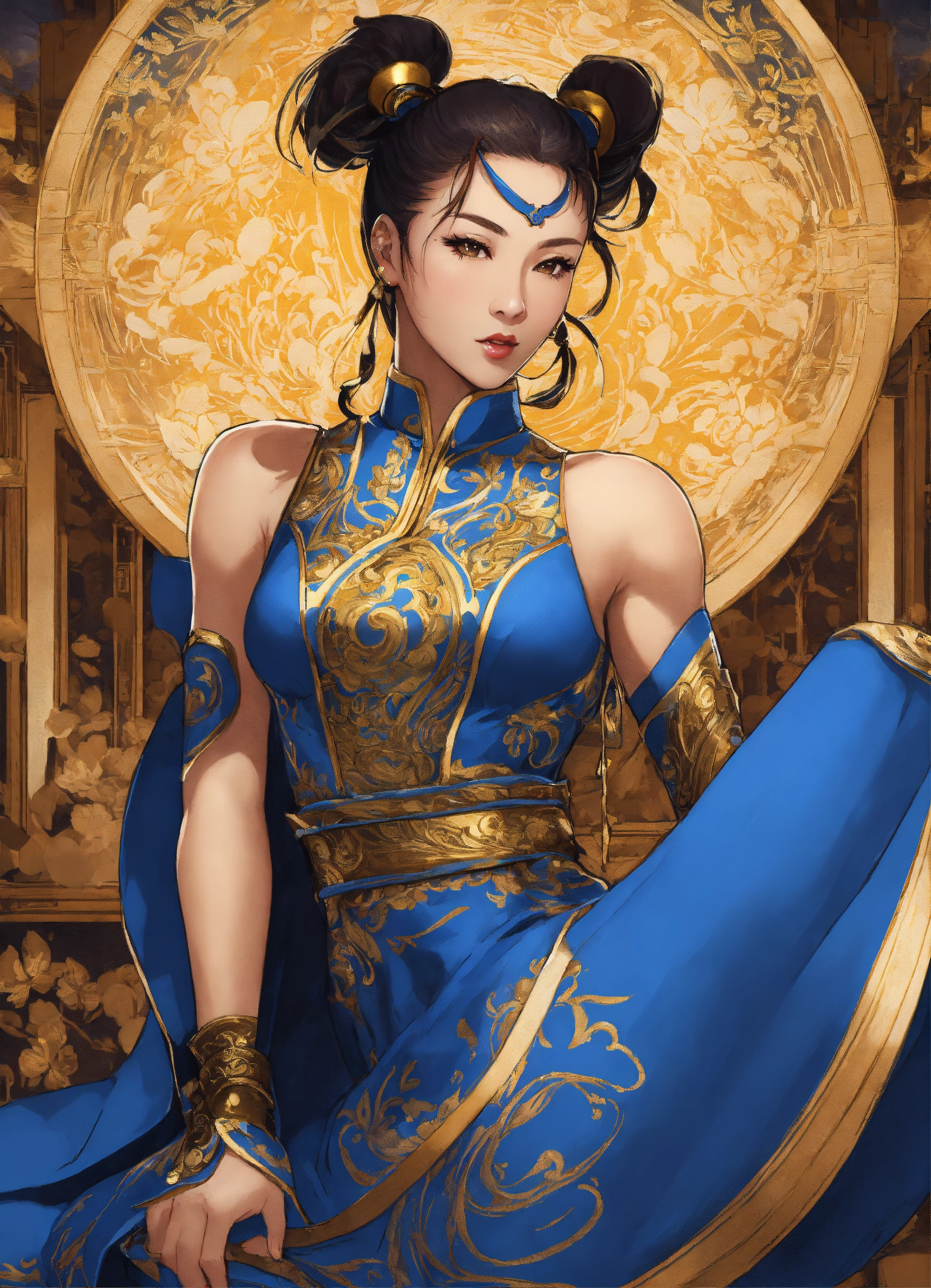 Lexica - Stunning illustration of Chun - Li, in a detailed blue and ...