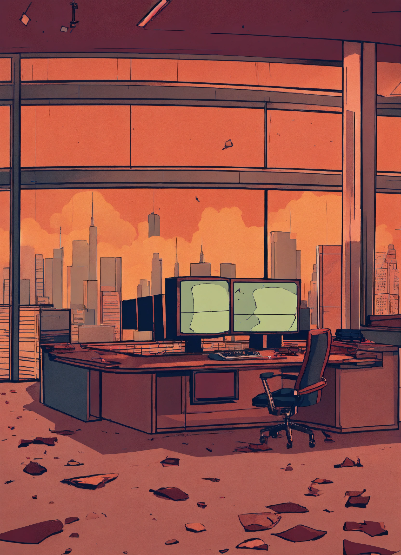 Lexica - An empty news studio. in a post zombie apocylps