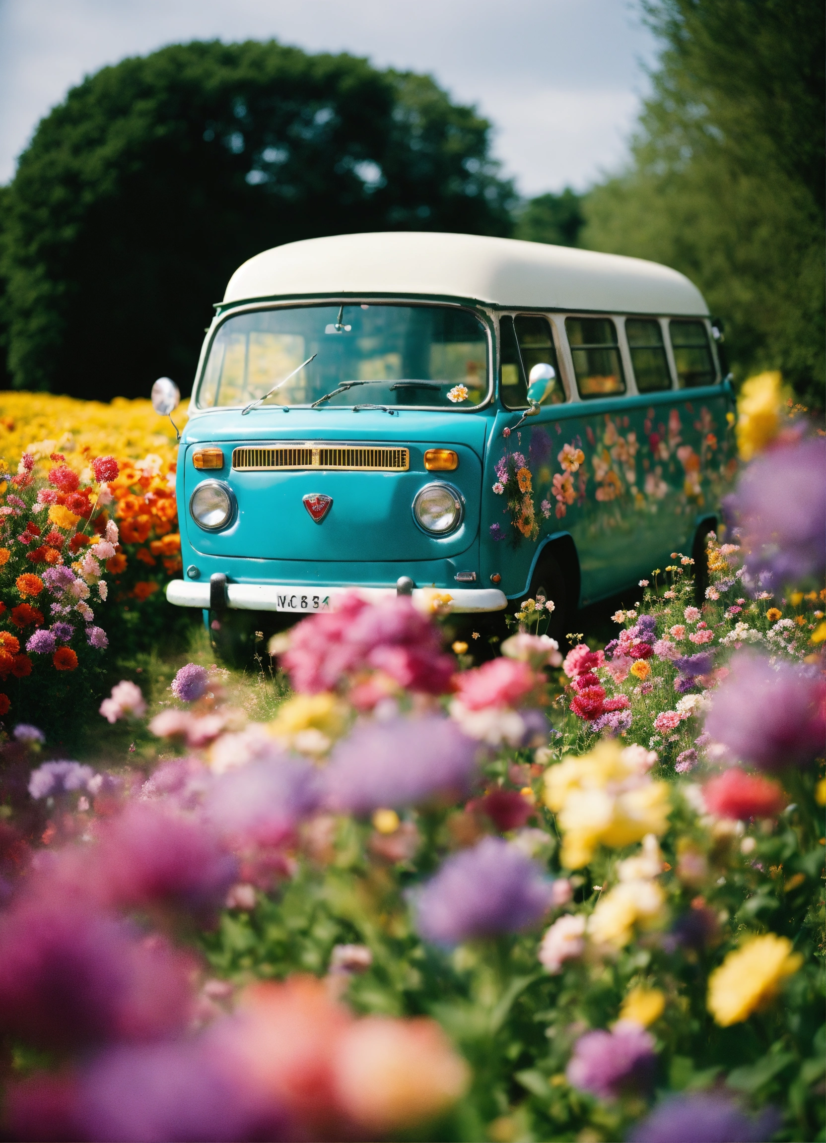Lexica - A colourful vintage mini bus standing in the centre, vintage ...