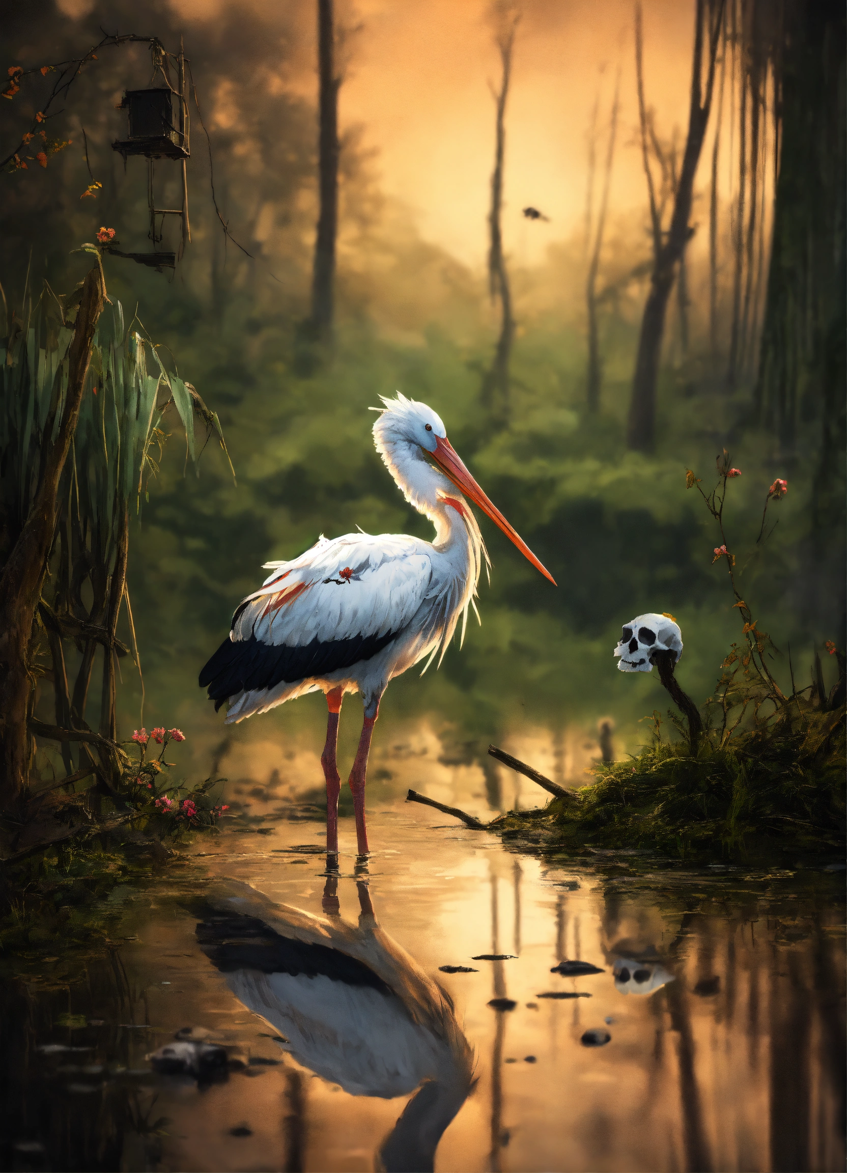 Lexica - A stork in an ominous swamp with skulls