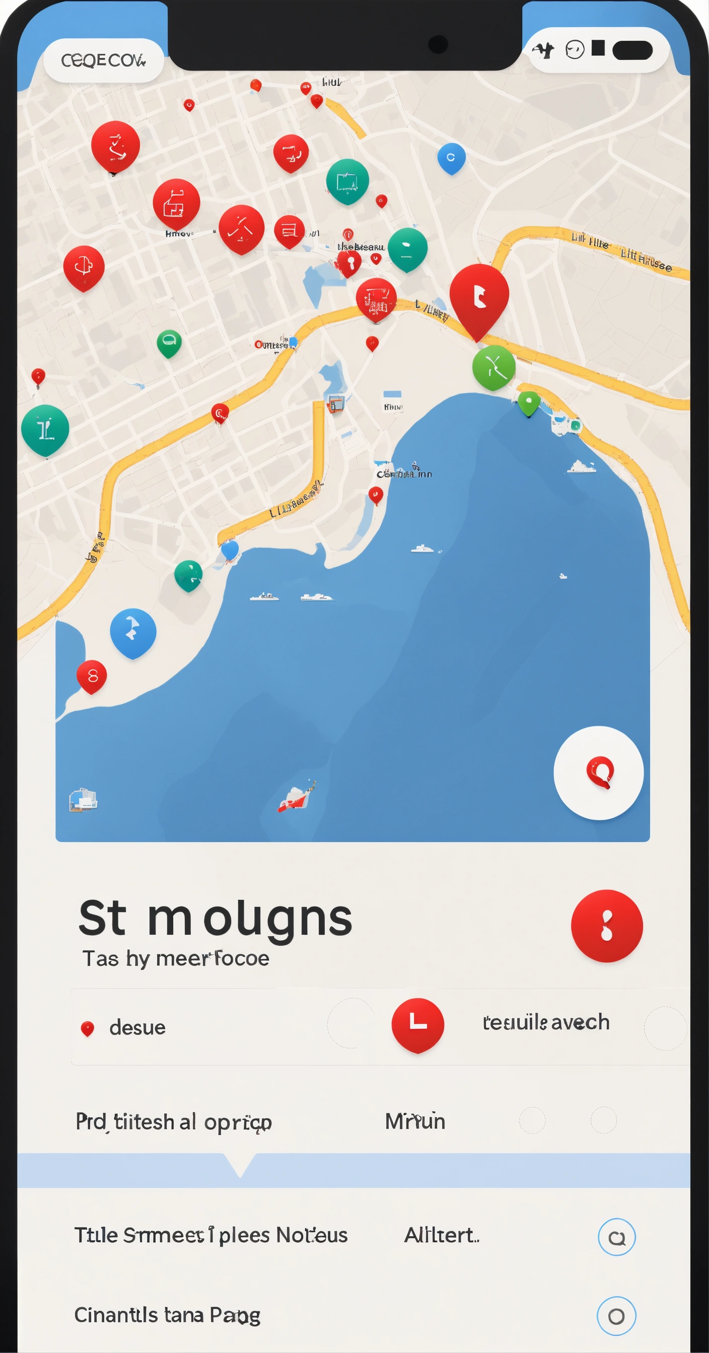Lexica - Graphic user interface of an app, with a map of a city and a ...