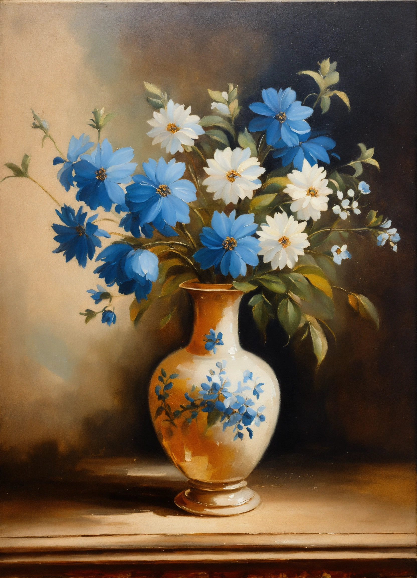 Lexica - French vintage oil painting of blue flowers white vase on soft ...