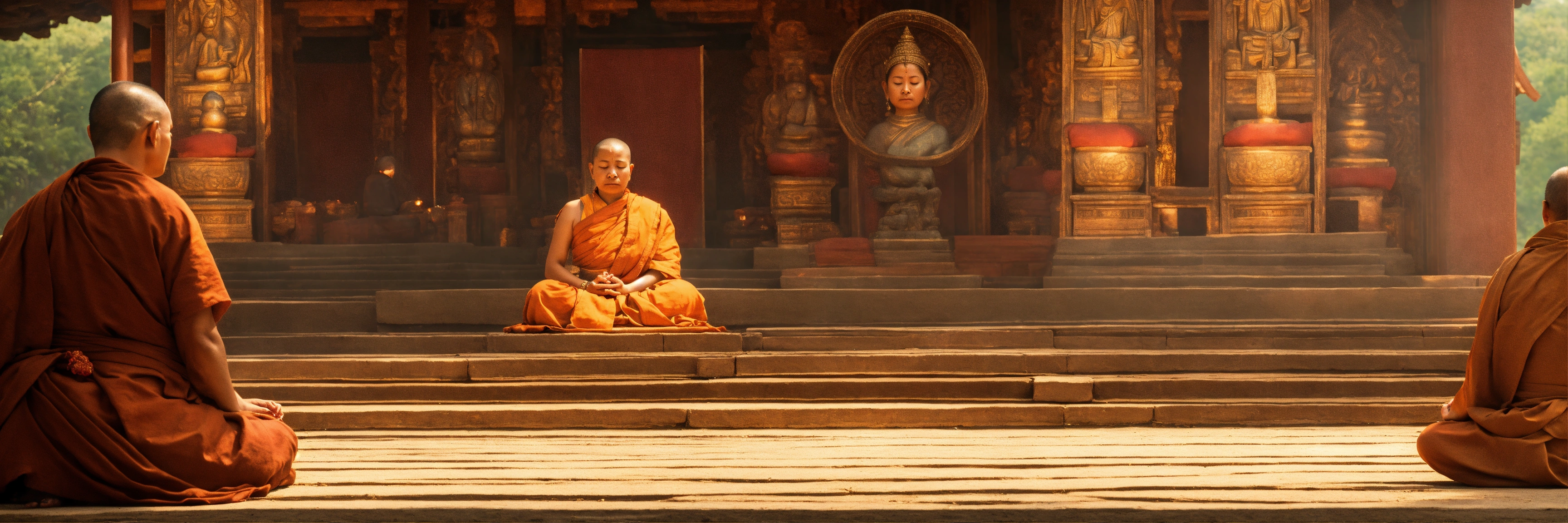 Lexica - A serene woman monk sits in deep meditation, her master monk ...
