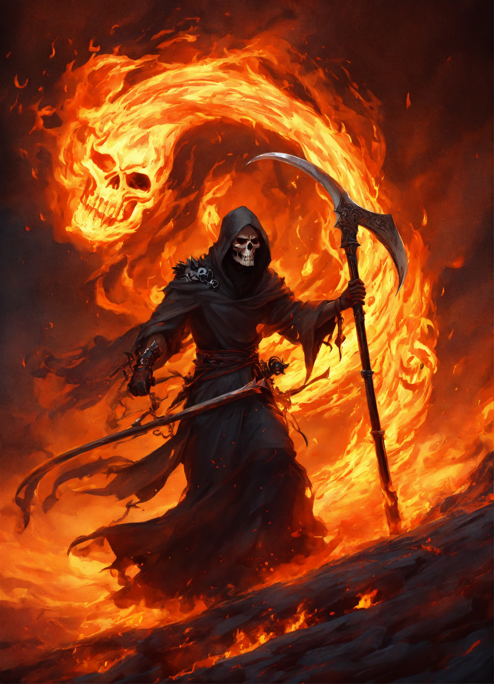 Lexica - Attacking grim reaper with flaming scythe, tattered flowing ...