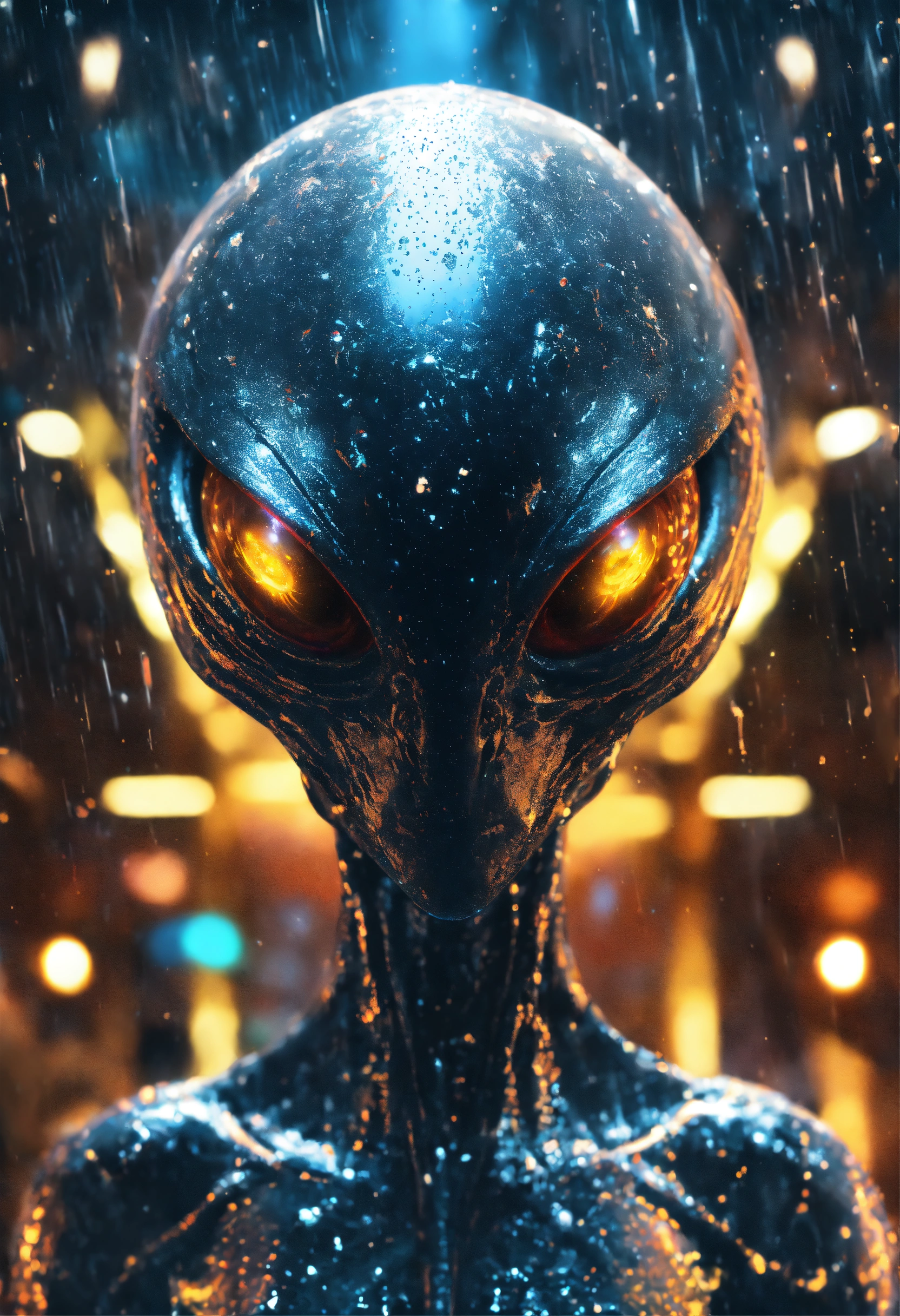 Lexica - An sterotypical alien with glowing eyes, in the pouring rain ...