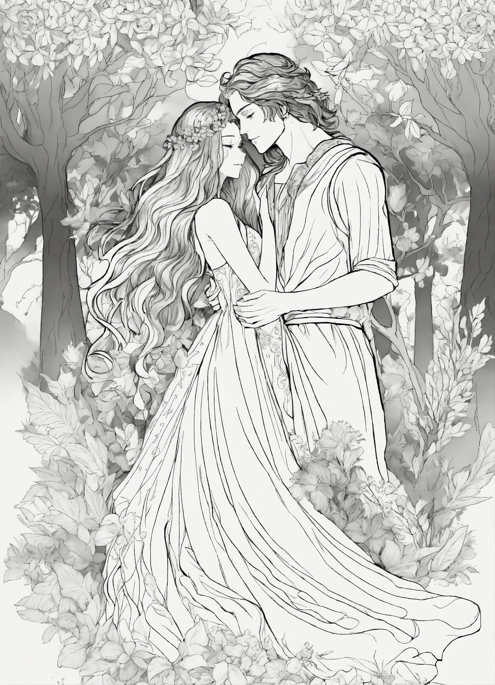 Lexica - Coloring page black and white of a beautiful couple guy and girl  forest nymph and forest spirit, fantasy, in love, couple, hug each other,  ...