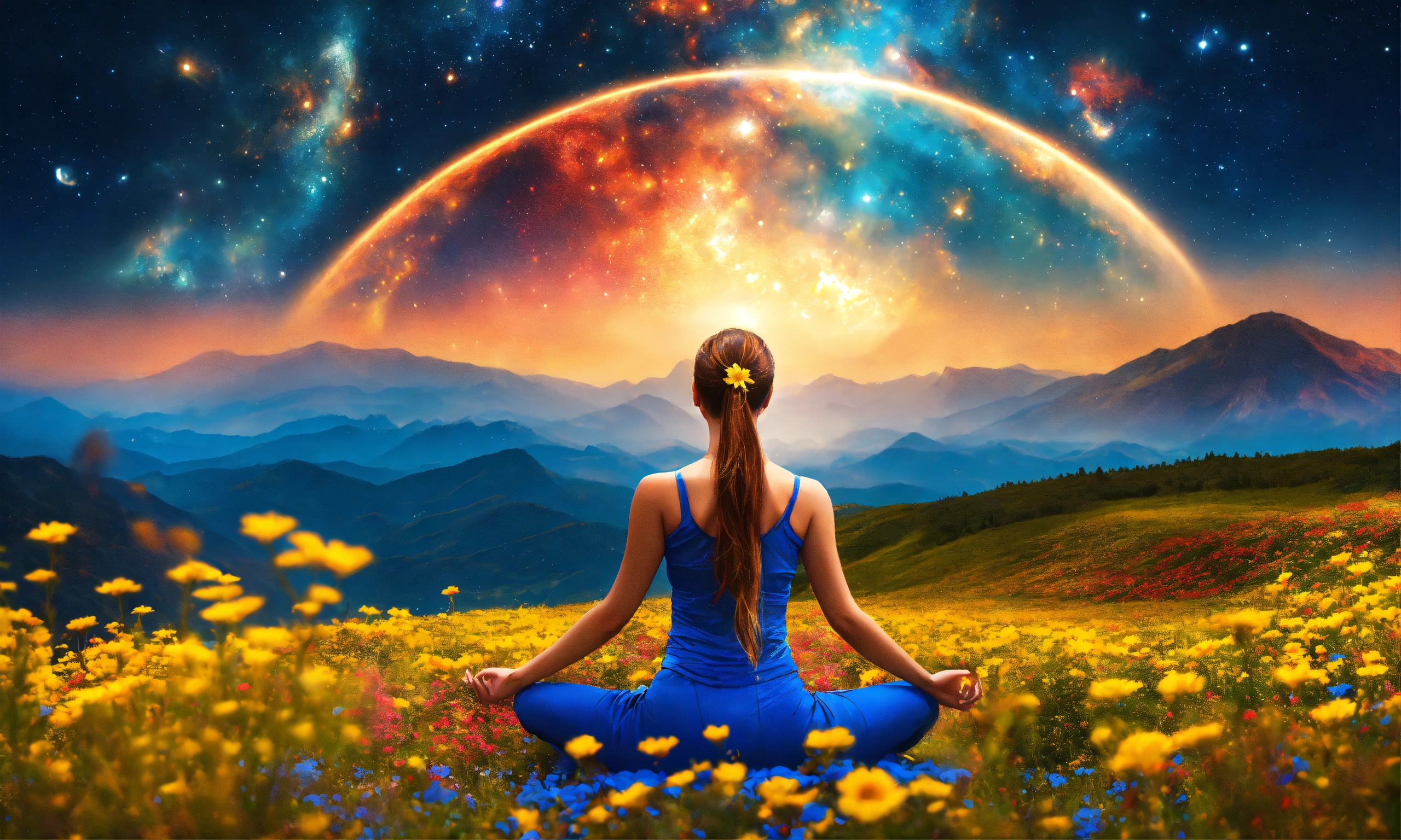 Lexica - Beautiful woman in Meditation posture, mountain, a vast field ...