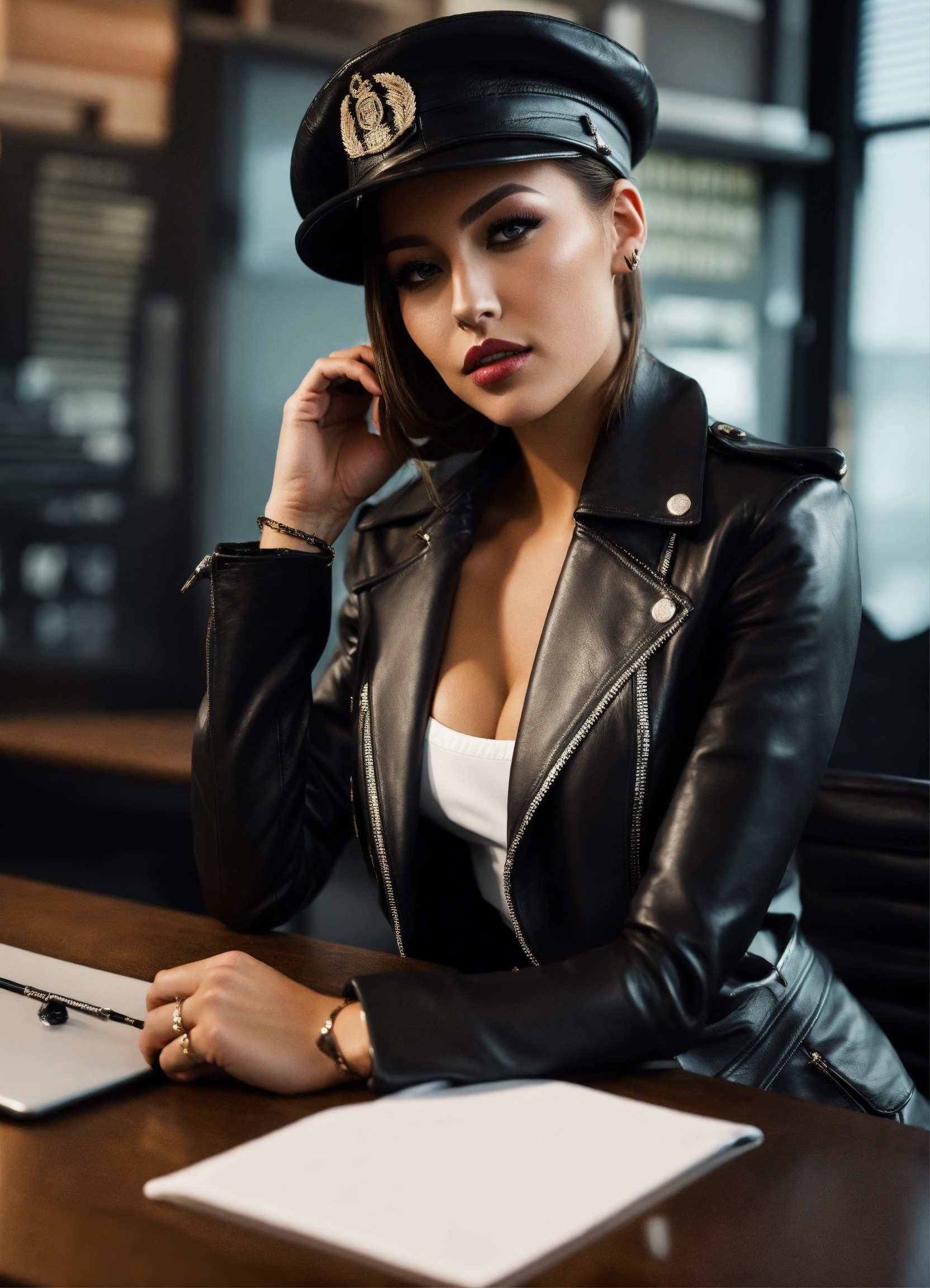 Lexica - British model, Distinctive face, full lips, lela star, wearing  business suit, black leather biker jacket and black leather skirt, white  shir...