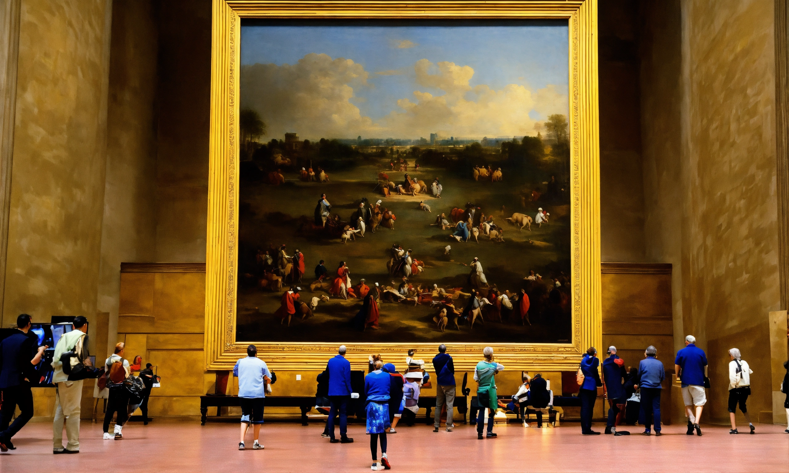 Lexica - Large room at the louvre with massive square painting on the wall.