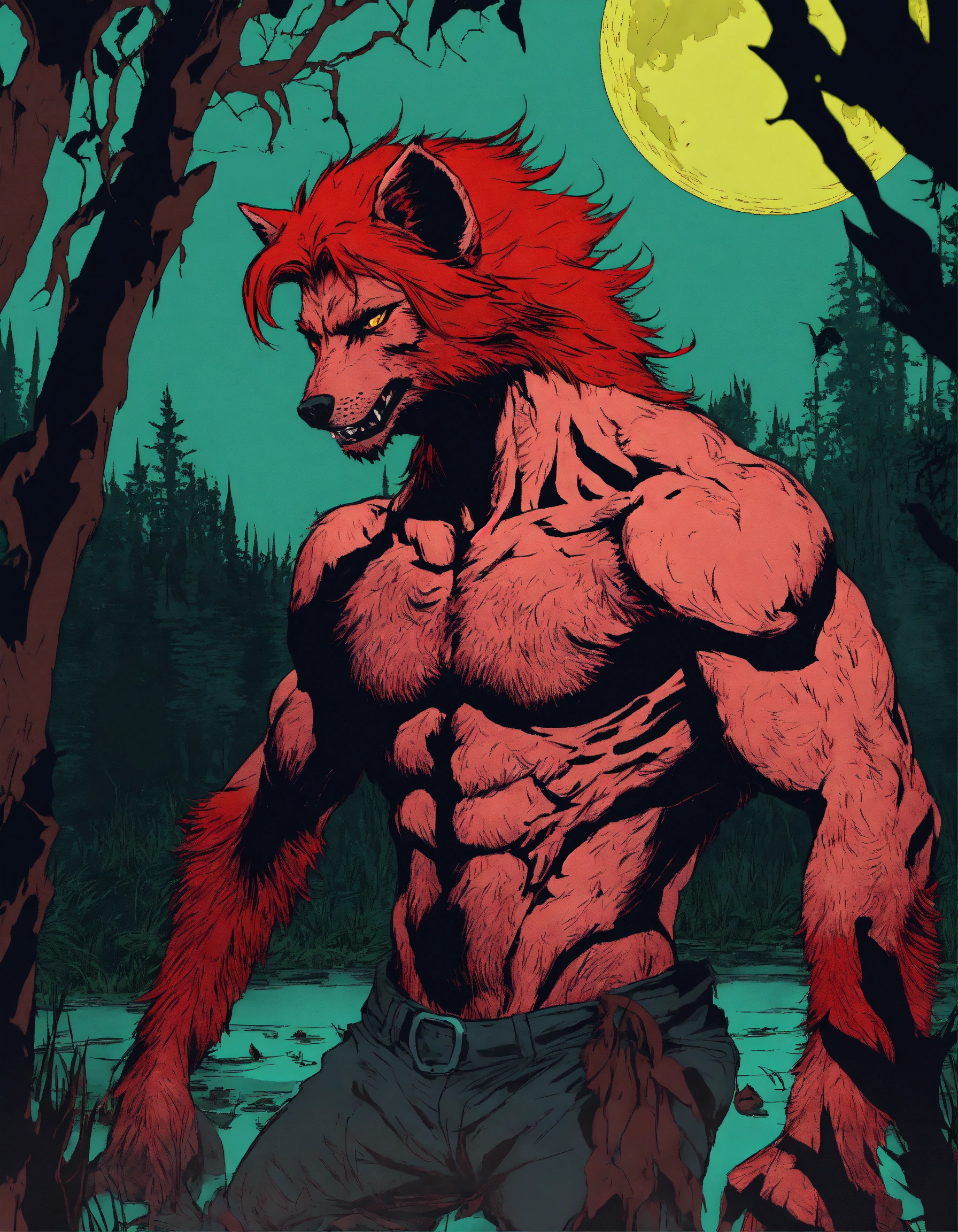 Lexica - Male werewolf with red hair, full moon, swamp, pop art