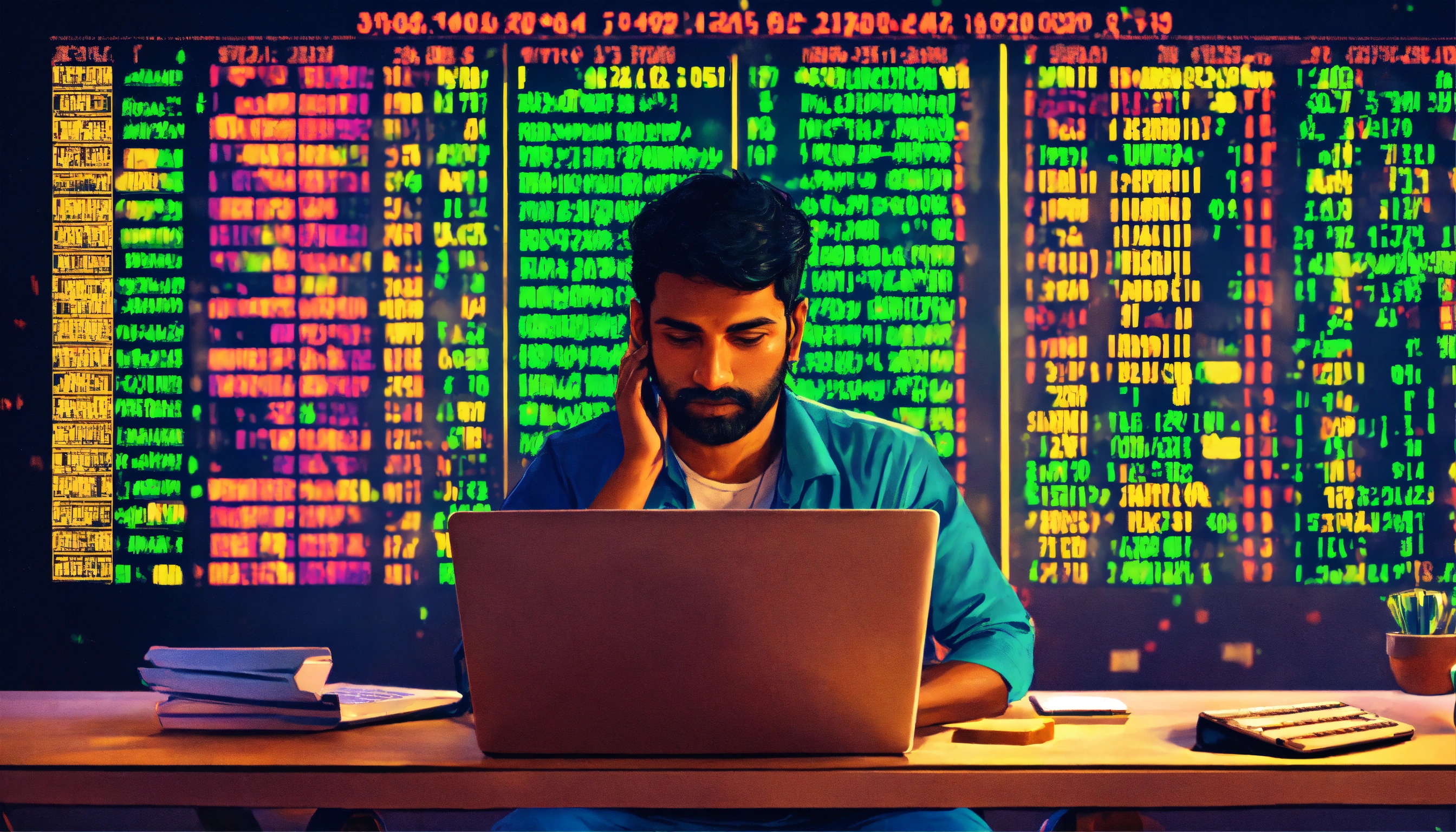 Lexica - Indian man with baby son coding on laptop with stock trading ...