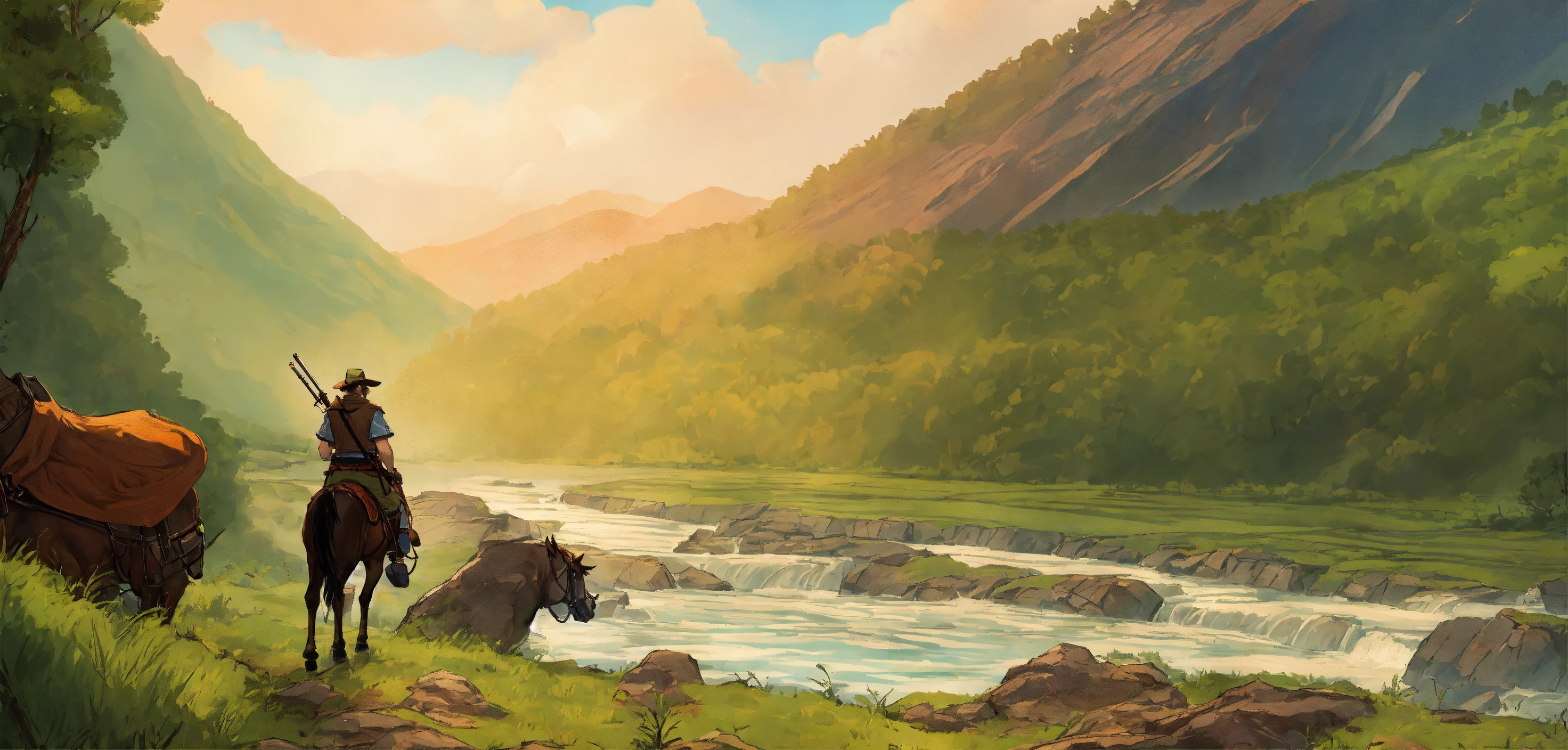 Lexica - Fantasy setting, ranger on horseback looking over a large ...