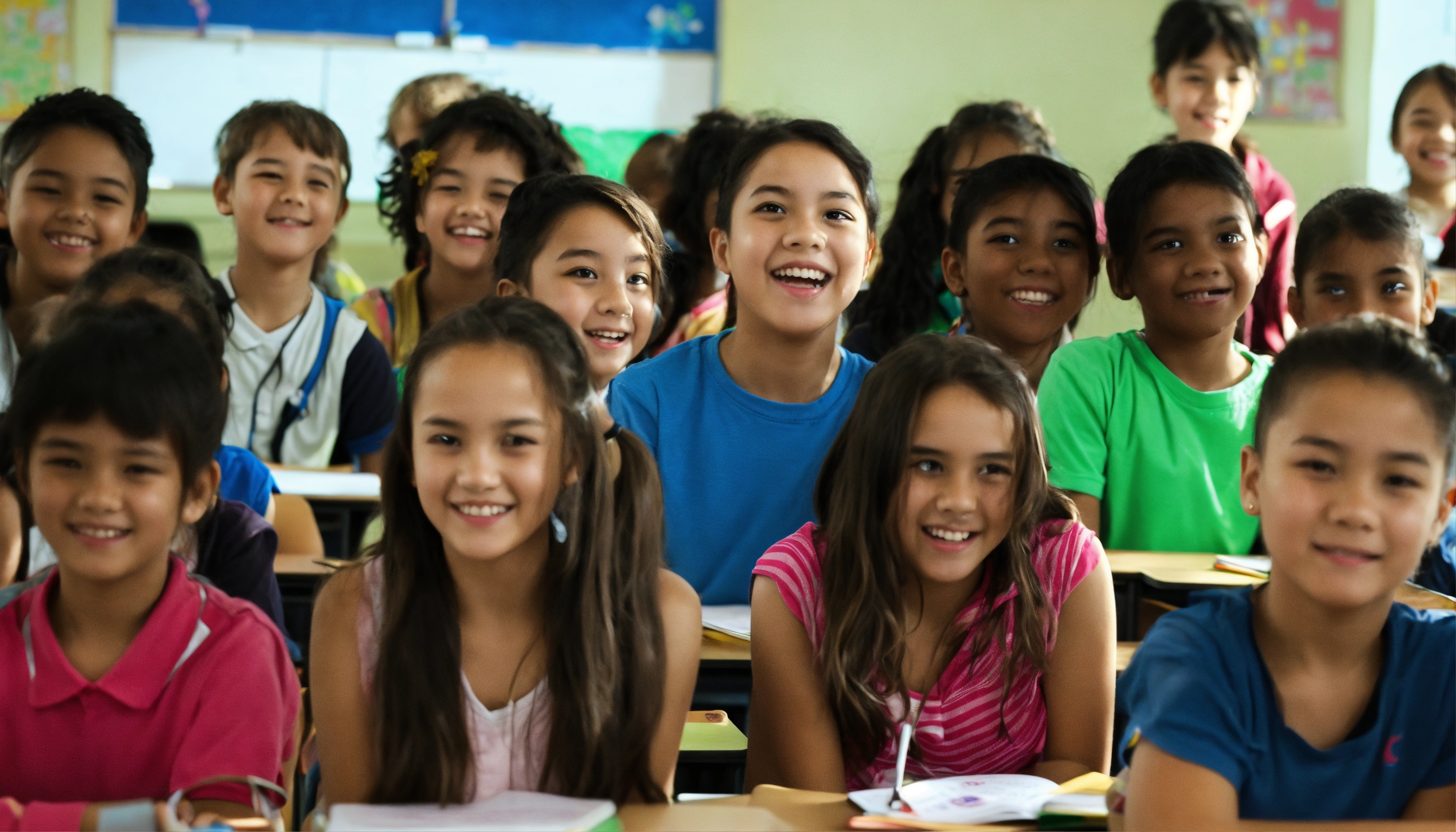 Lexica - Many students and a teacher with happy expressions in a classroom.