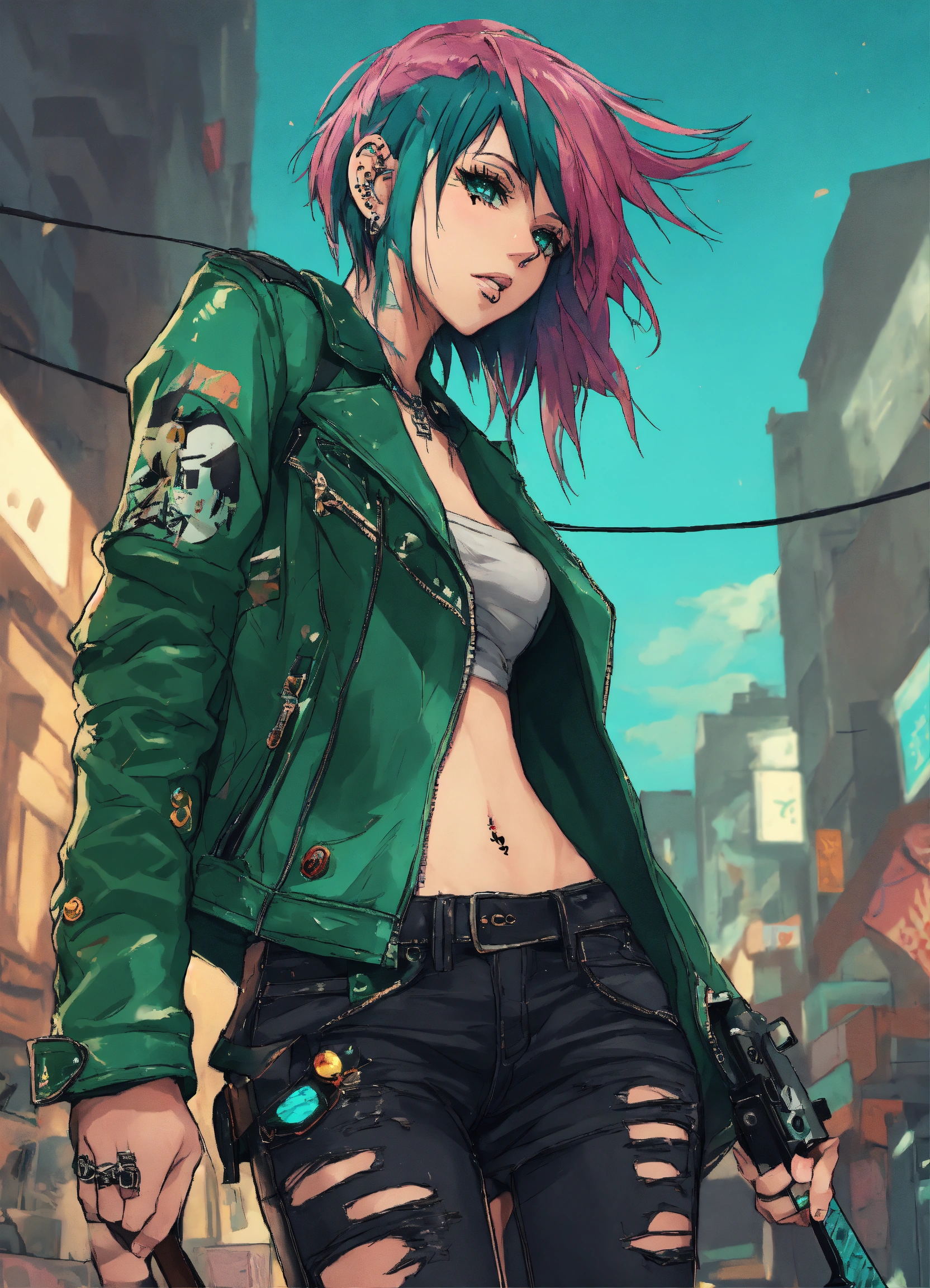 Lexica - 2D epic anime manga style, punk rock girl face tattoos, piercings,  half-shaved green hair, leather jacket, ripped jeans, electric guitar, aq...