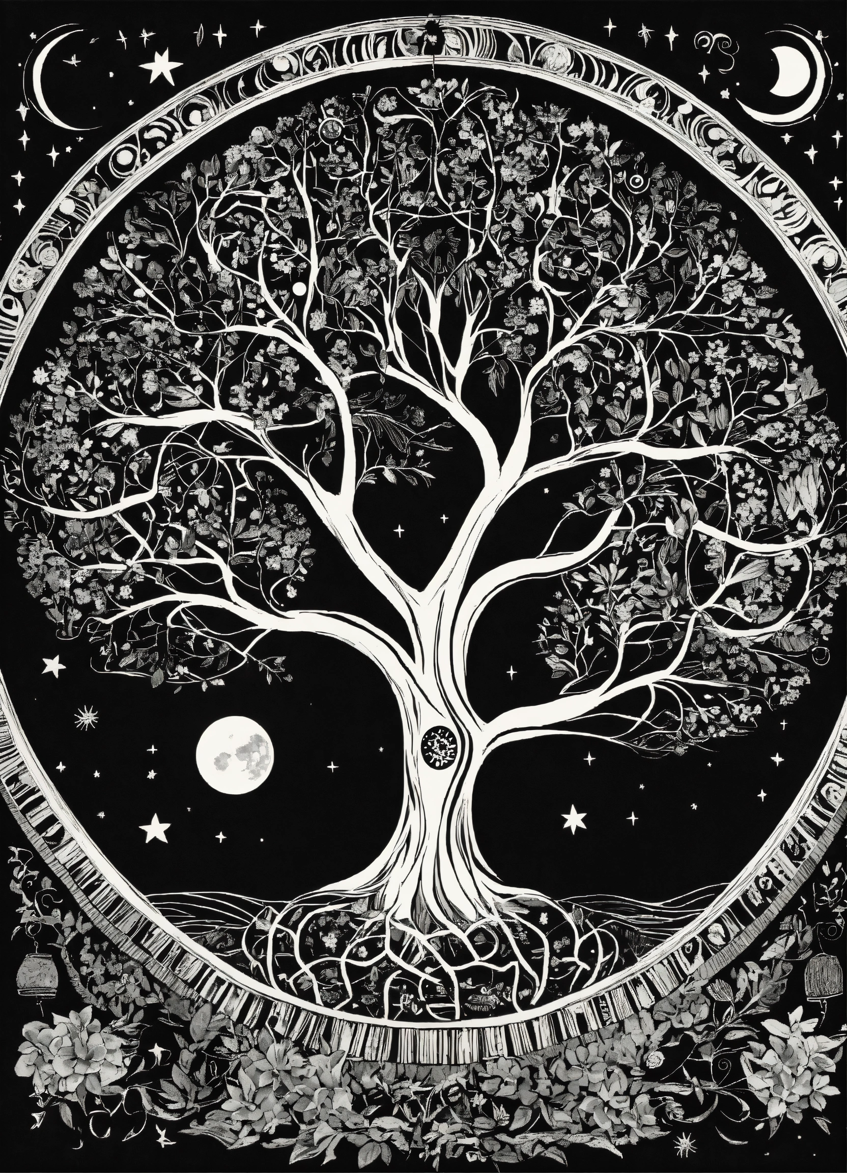 Lexica - Tree of life black and white no leaf with moon sun and stars