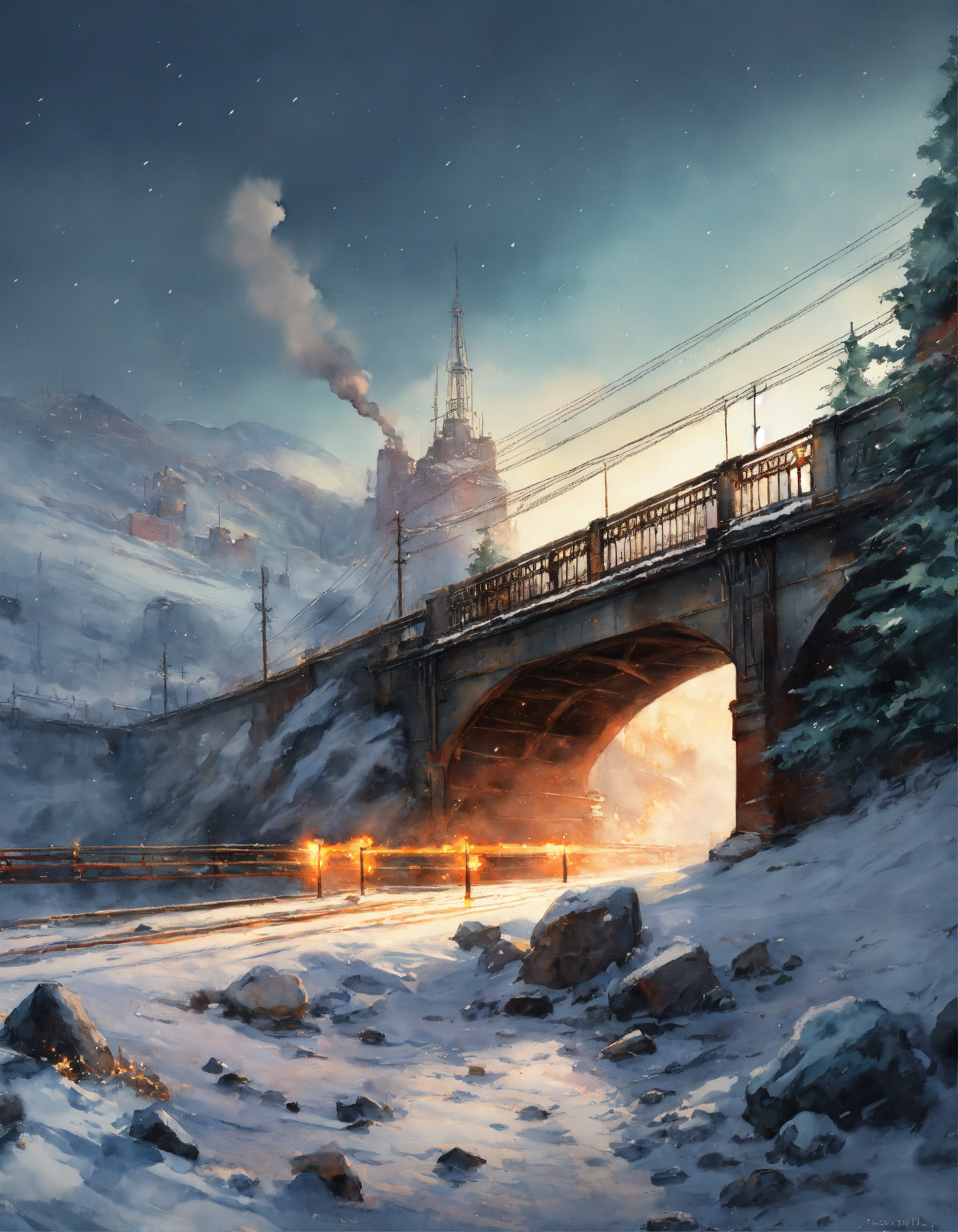 Lexica - White background, watercolor painting of a Bridge in snow, By ...