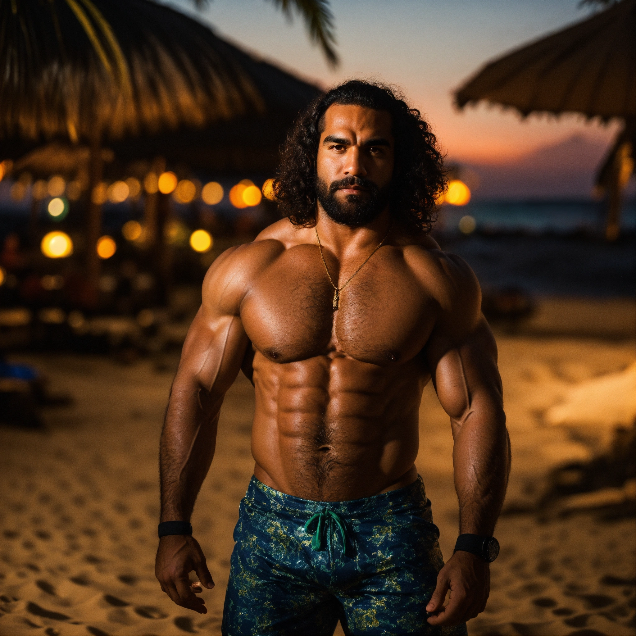 Lexica - 30-year-old hairy Cuban man with big muscles, big bodybuilder,  body like a wrestler, at a party on the beach at night