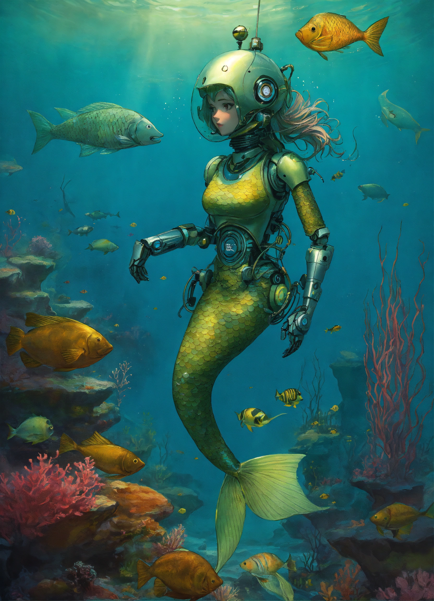 Lexica - A robot mermaid in the bottom of the sea, dark light , whit a ...