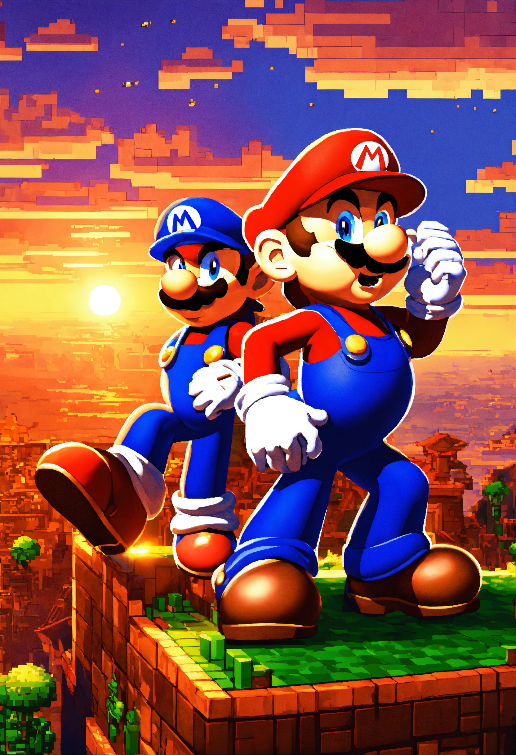 Lexica - Mario and Sonic, pixel style, 90-s, 4k quality, game characters,  epic background, beautiful sunset