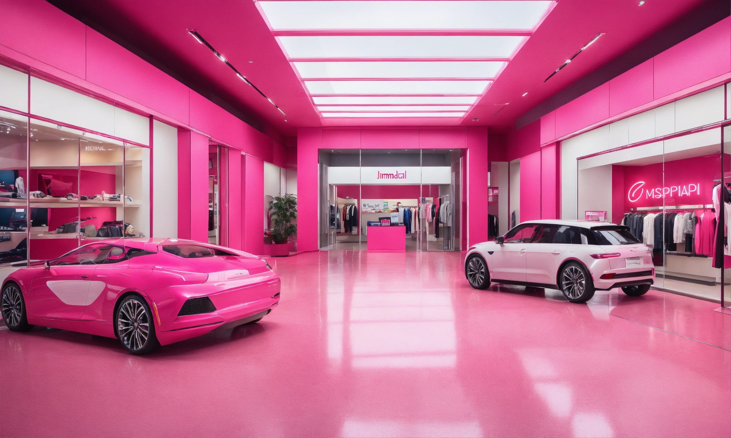 Lexica - Indoor, inside mall, small store, car rental store, pink car ...