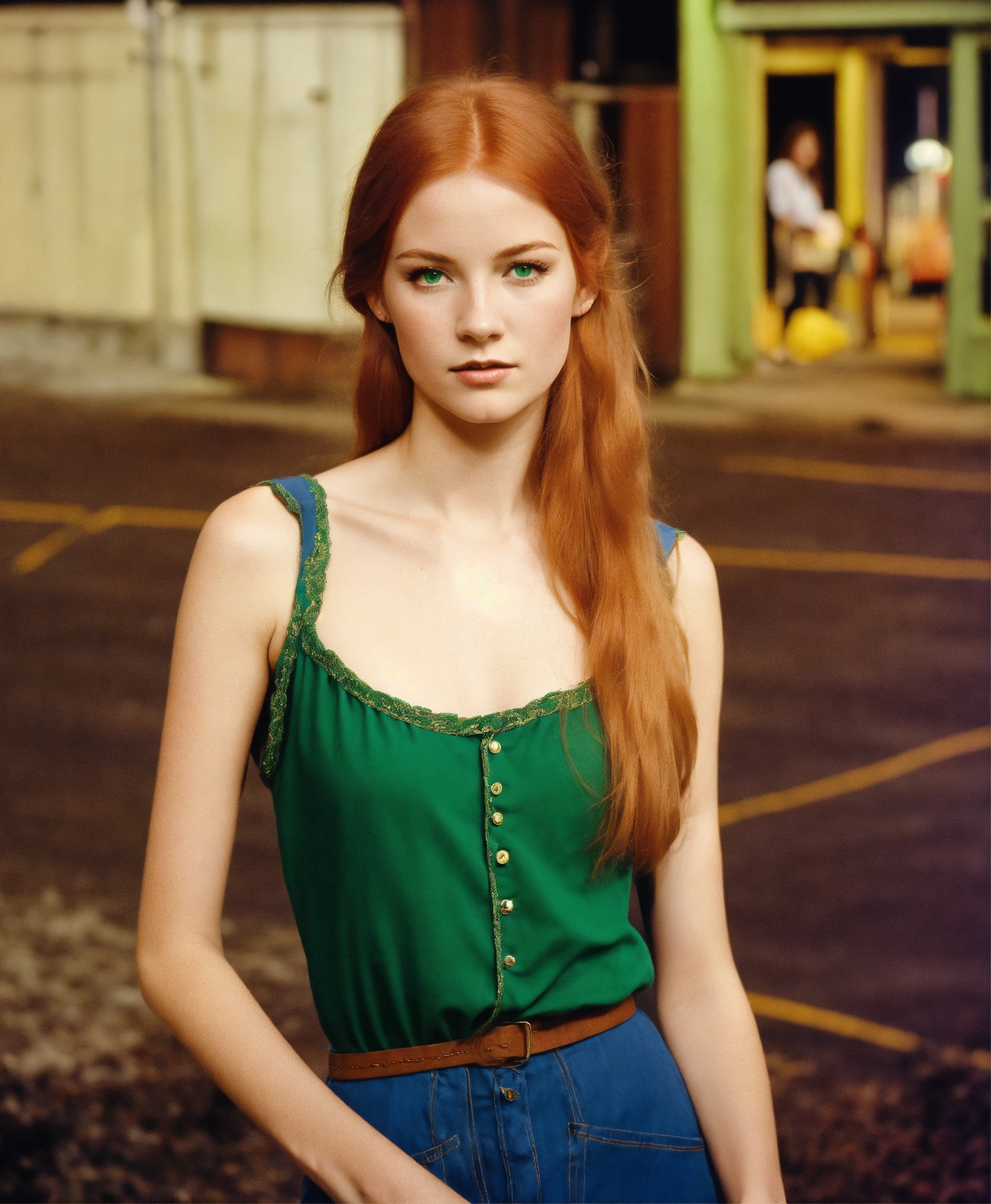Lexica - Tall and skinny young female redhead with long hair and green eyes walking down