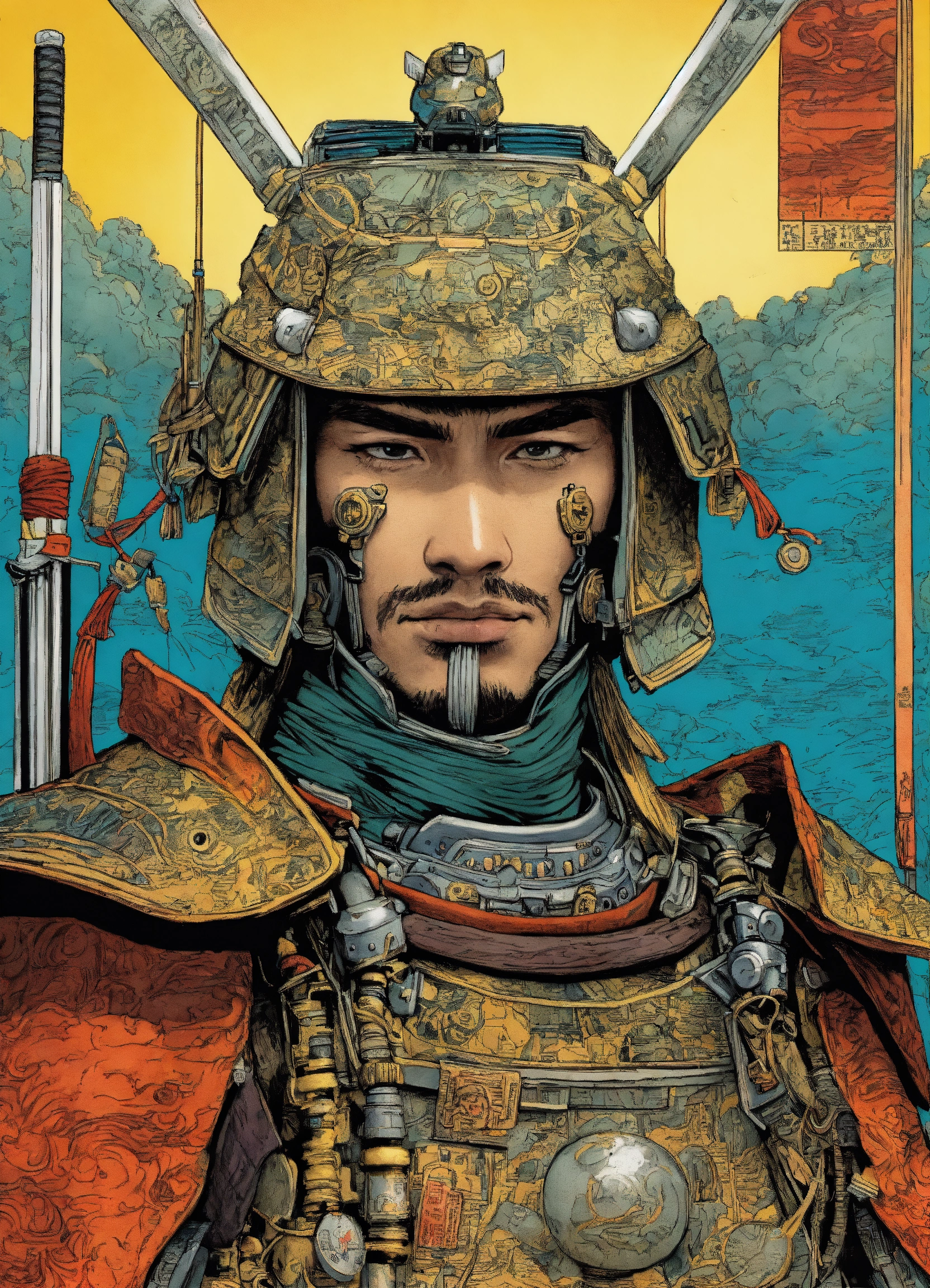 Lexica - Detailed pen and ink illustration of a samurai cyborg, head ...
