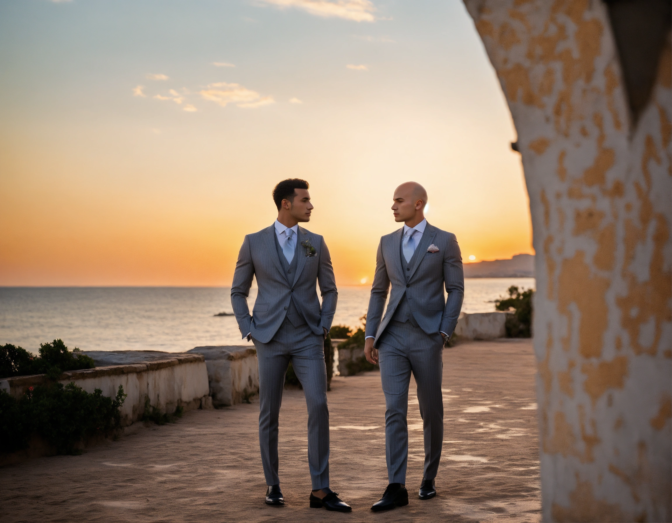 Lexica - Two young Tunisian bald male models in light grey pinstripe vested  suit and tie, looking at the sunset