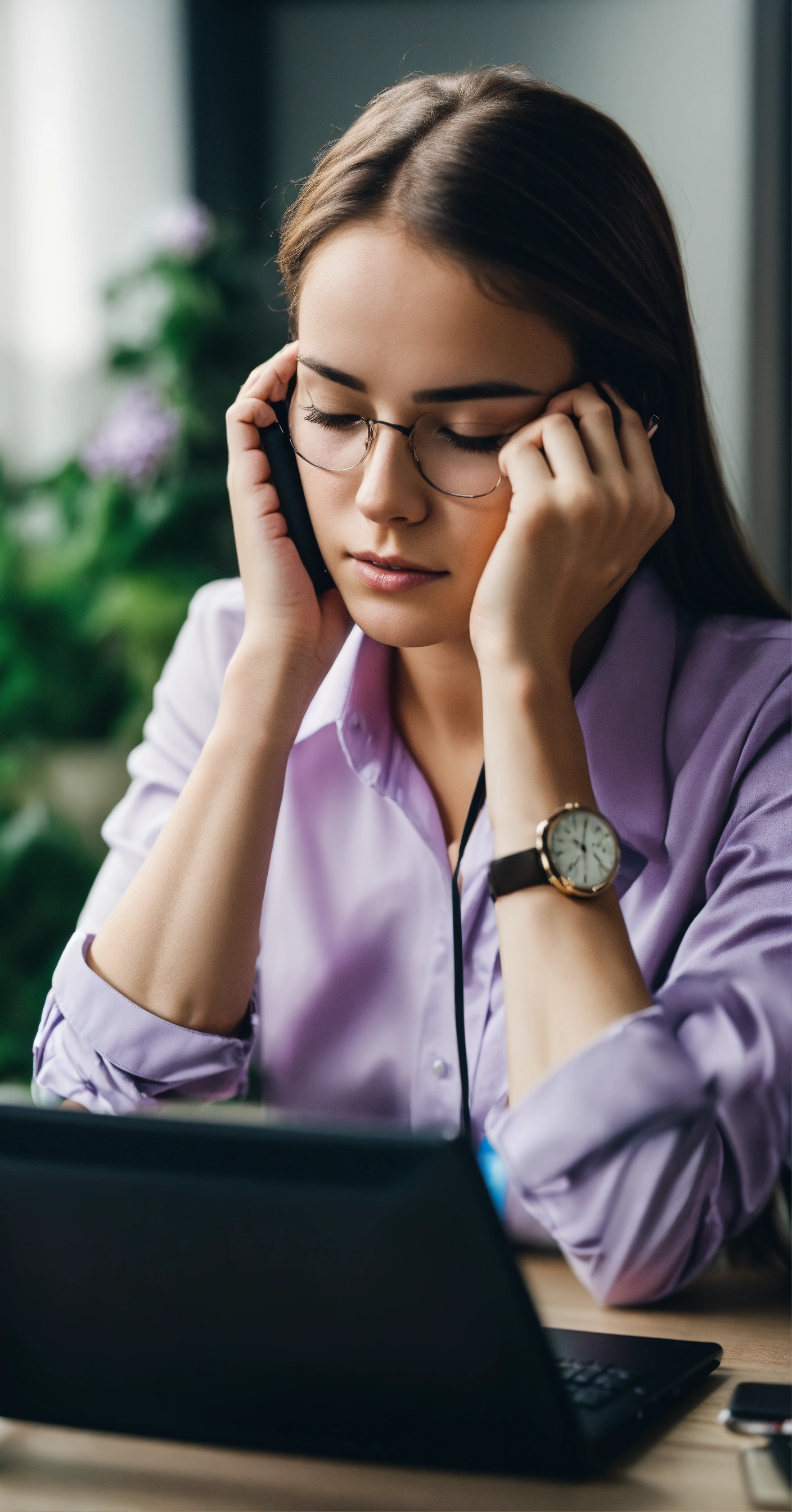 Lexica - A marketing girl in a lilac shirt holds her head with her ...