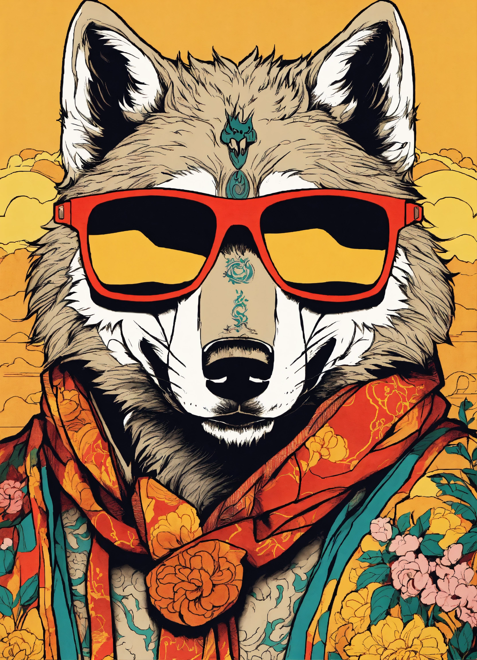 Lexica - There is a wolf with sunglasses on its face, wolf design, wolf ...