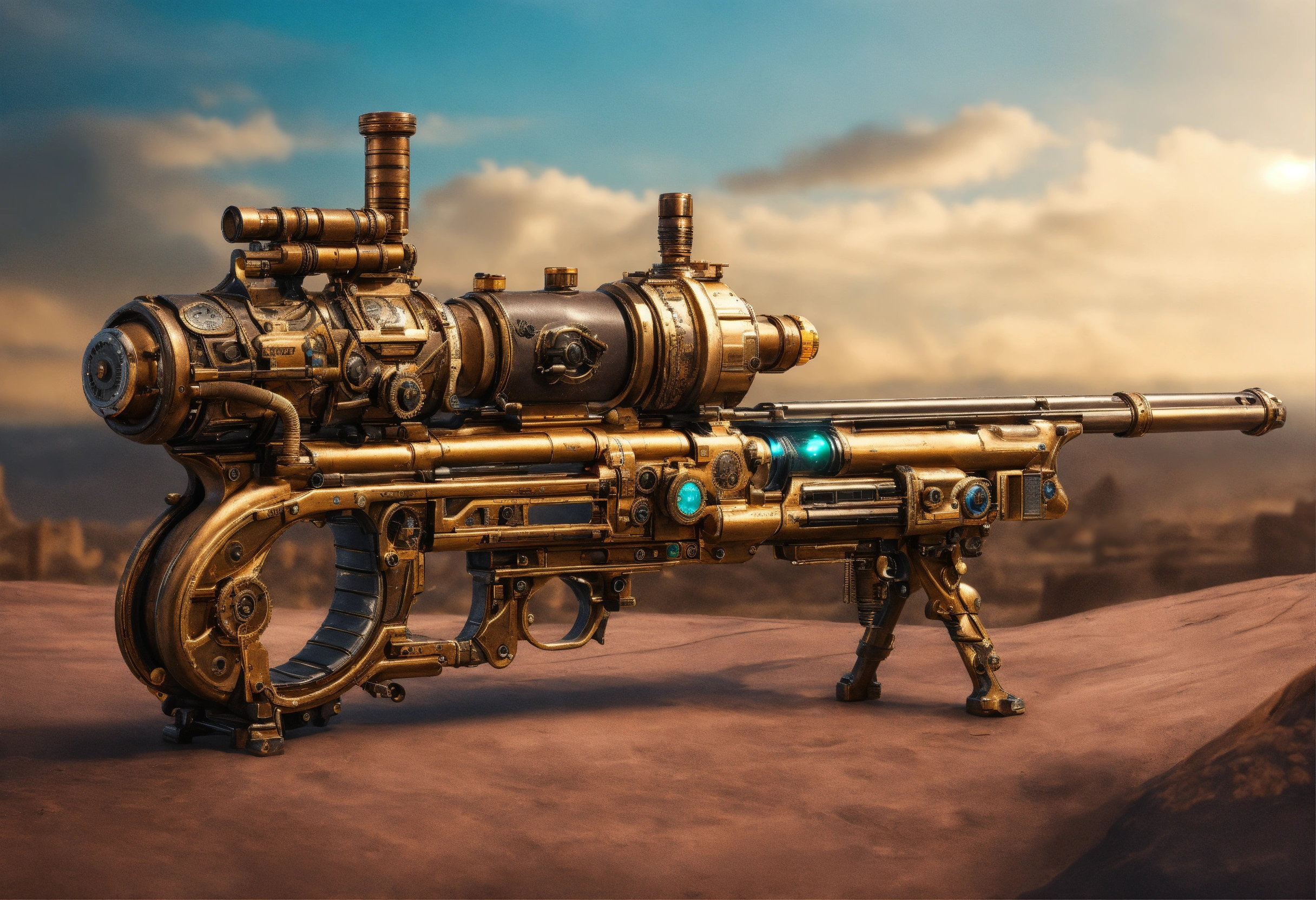 Lexica - Side view of the full image of a steampunk energy rifle