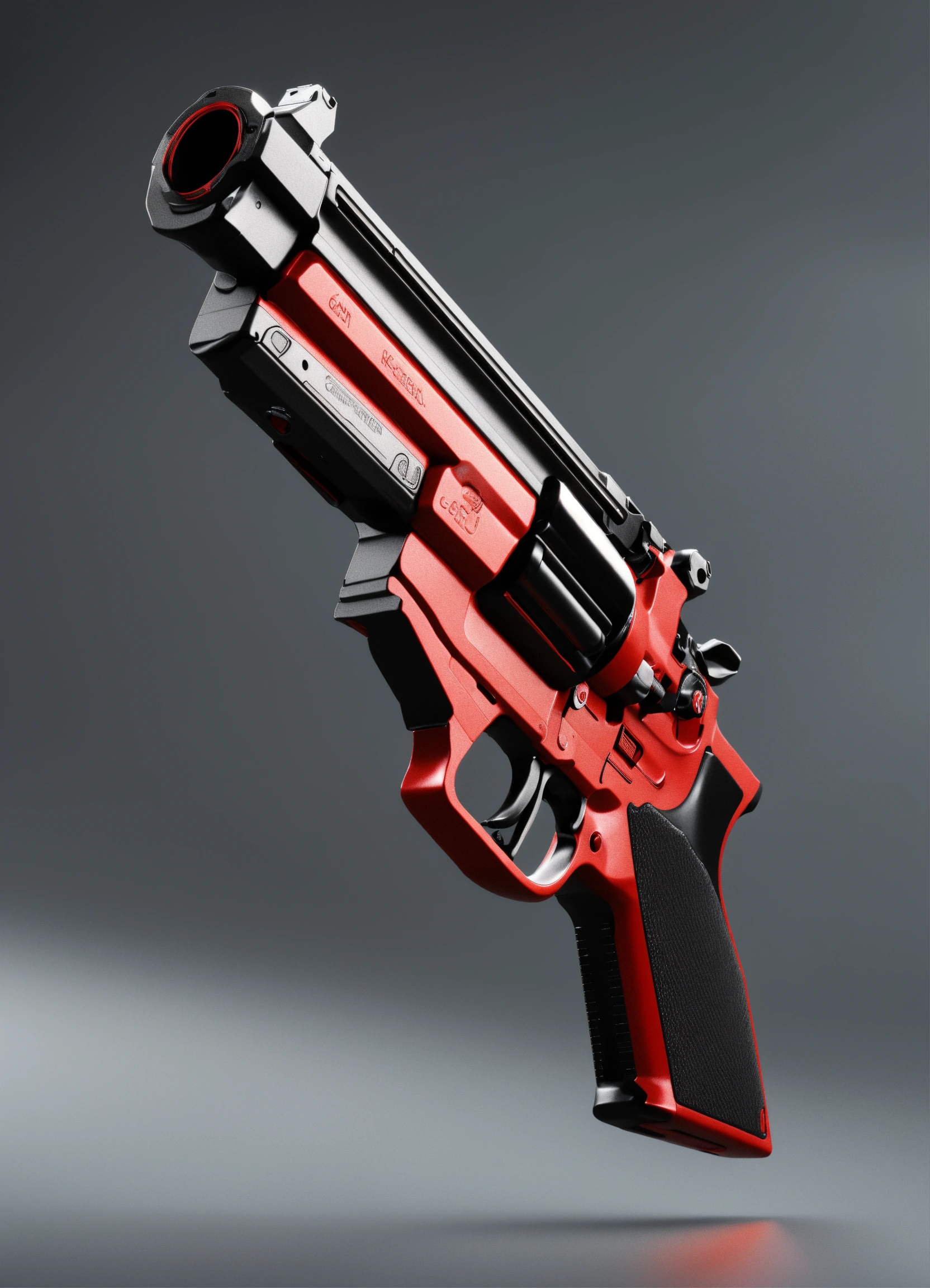 Lexica - A side view of a black and red gun on a gray background, a 3D ...