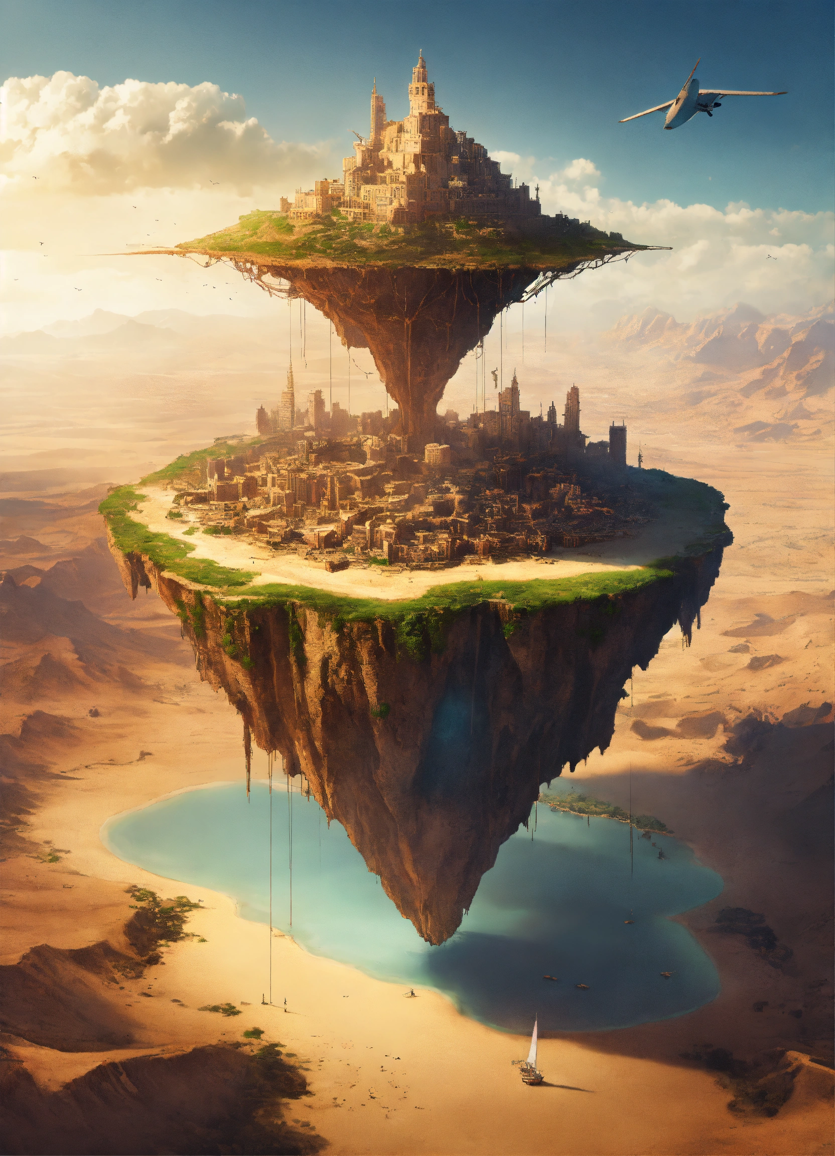 Lexica - A flying island with a city on top in the middle of the desert ...