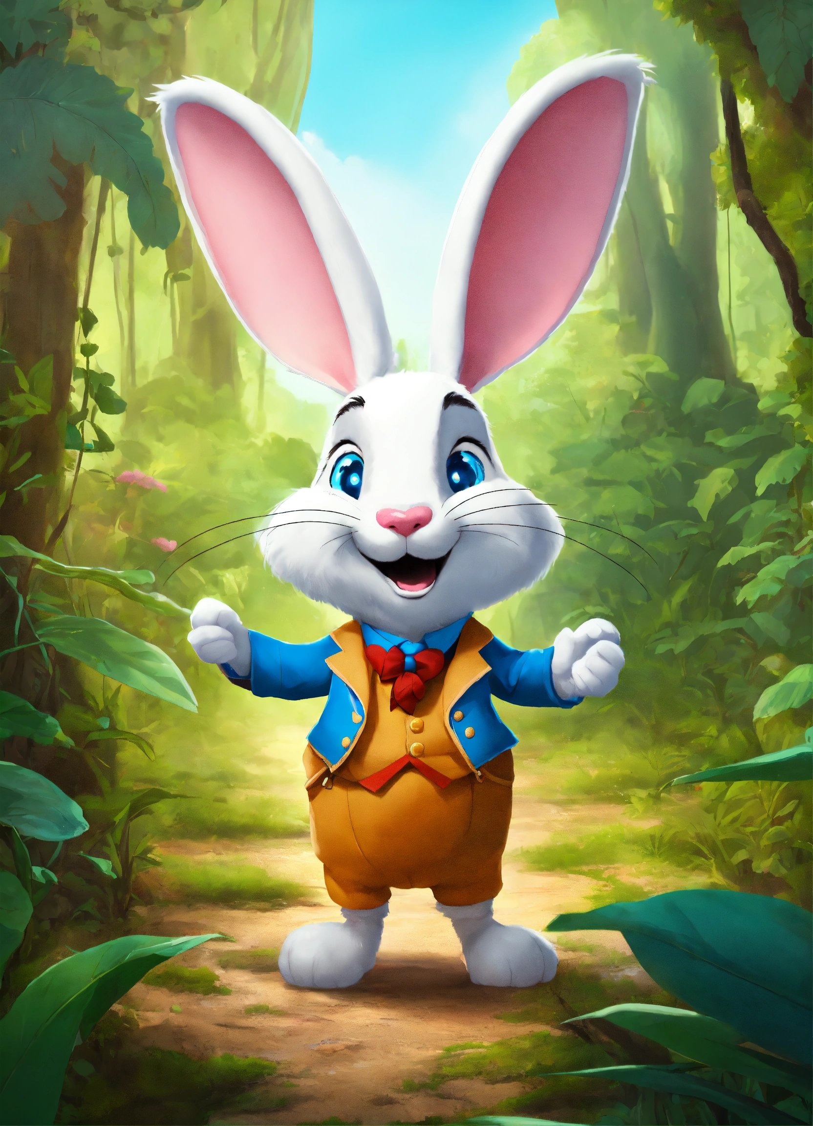 Lexica - Let cartoon big white rabbit walking on two legs in jungle