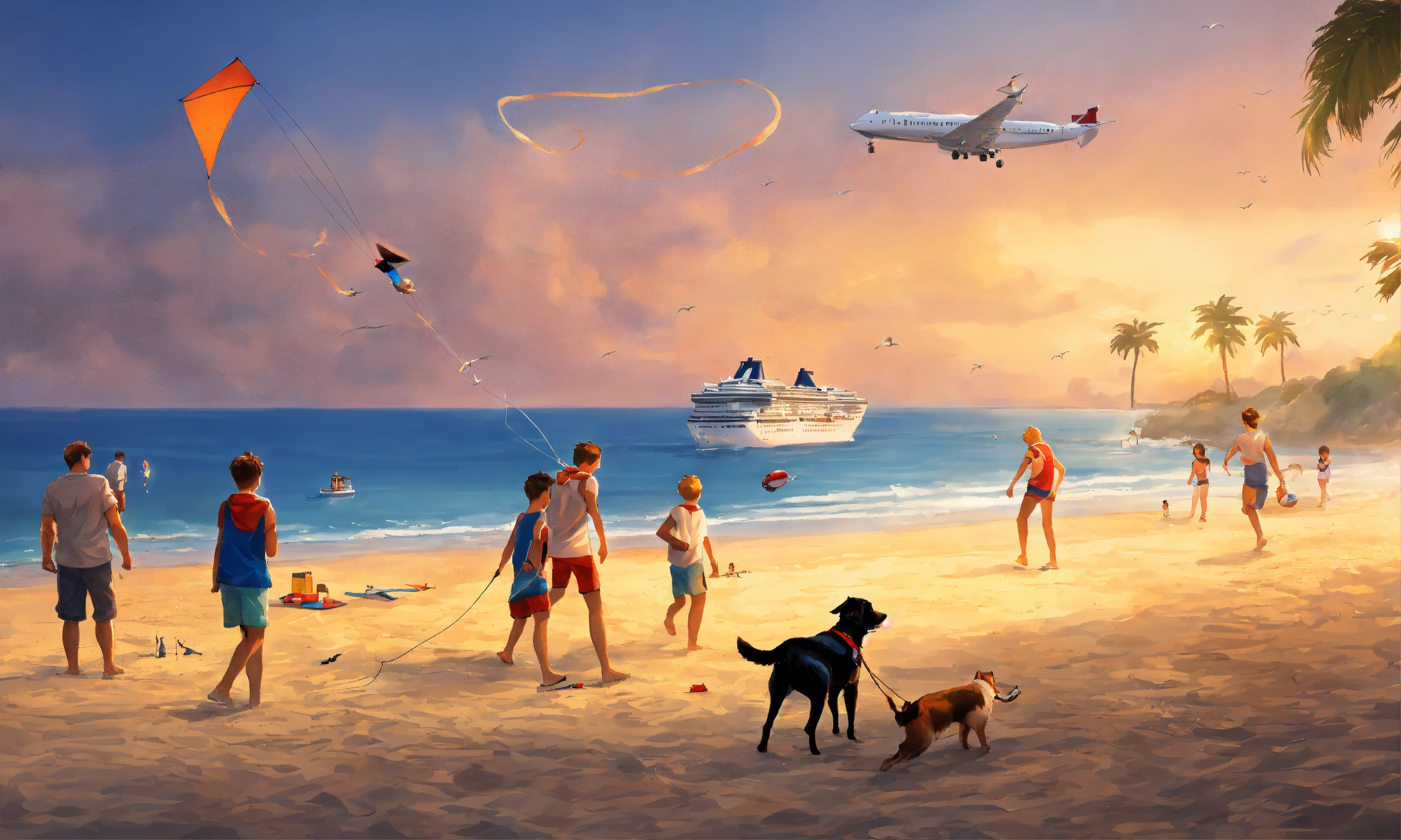 Lexica - Public beach with a dog, kid playing with a small kite ...