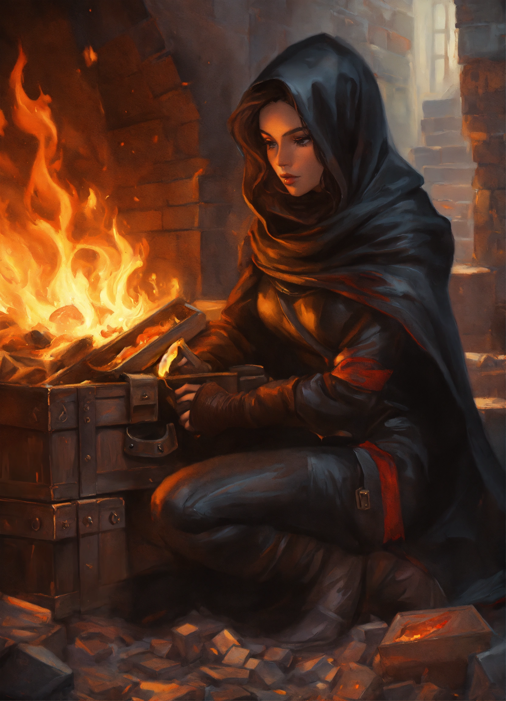 Lexica - Fantasy Painting, medieval female Thief in black cowl, places ...