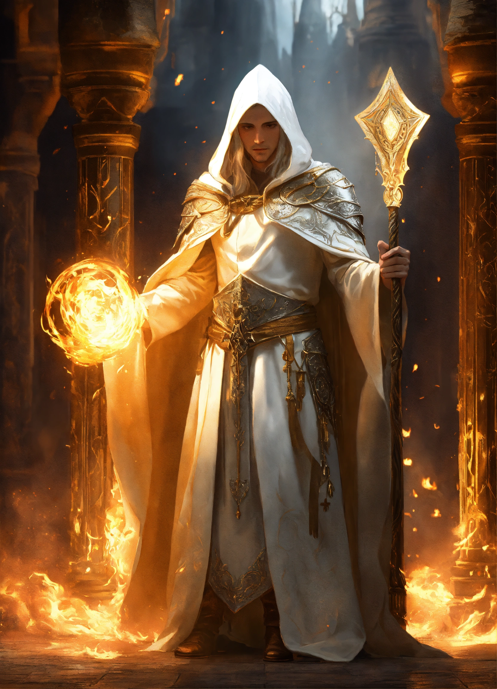 Lexica - Scene from a front view of a white elf wizard wearing a hooded ...