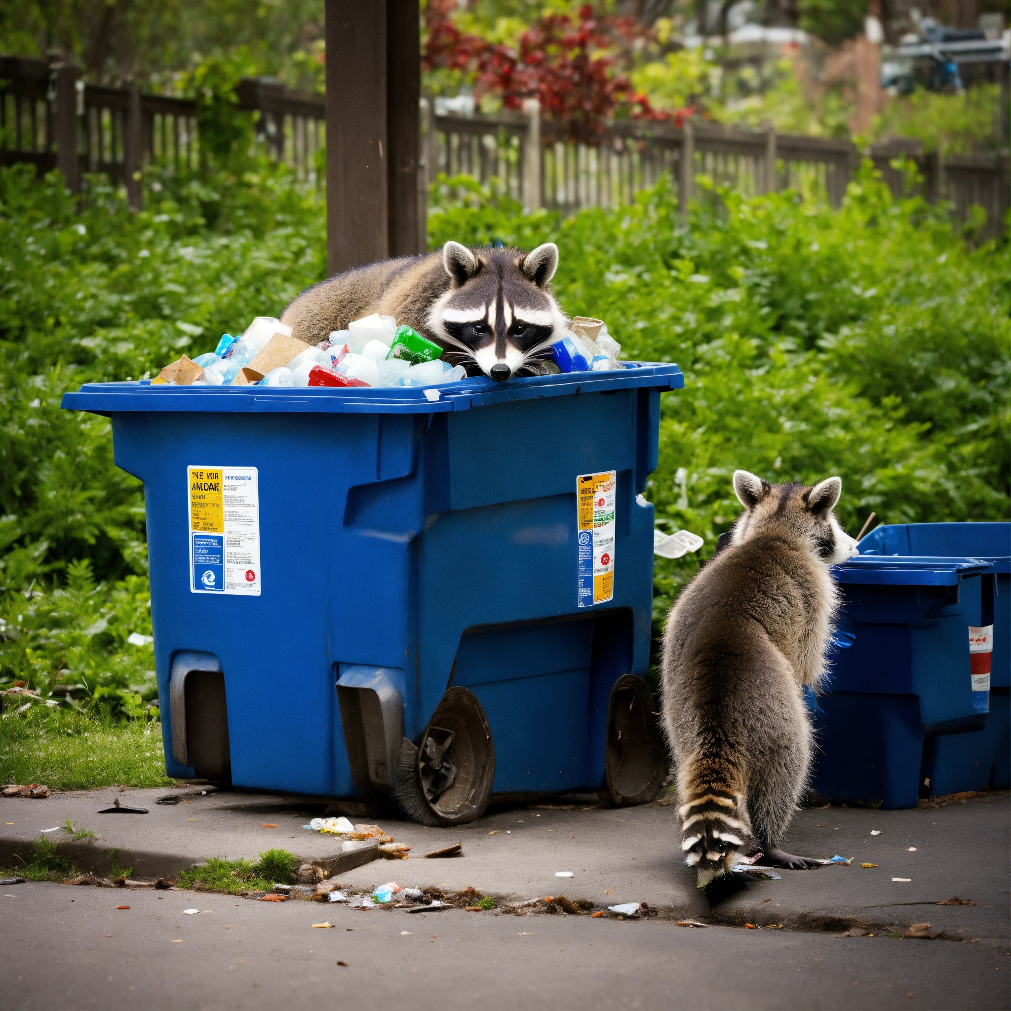 Lexica - A photograph of a raccoon digging through recycling bins, surreal