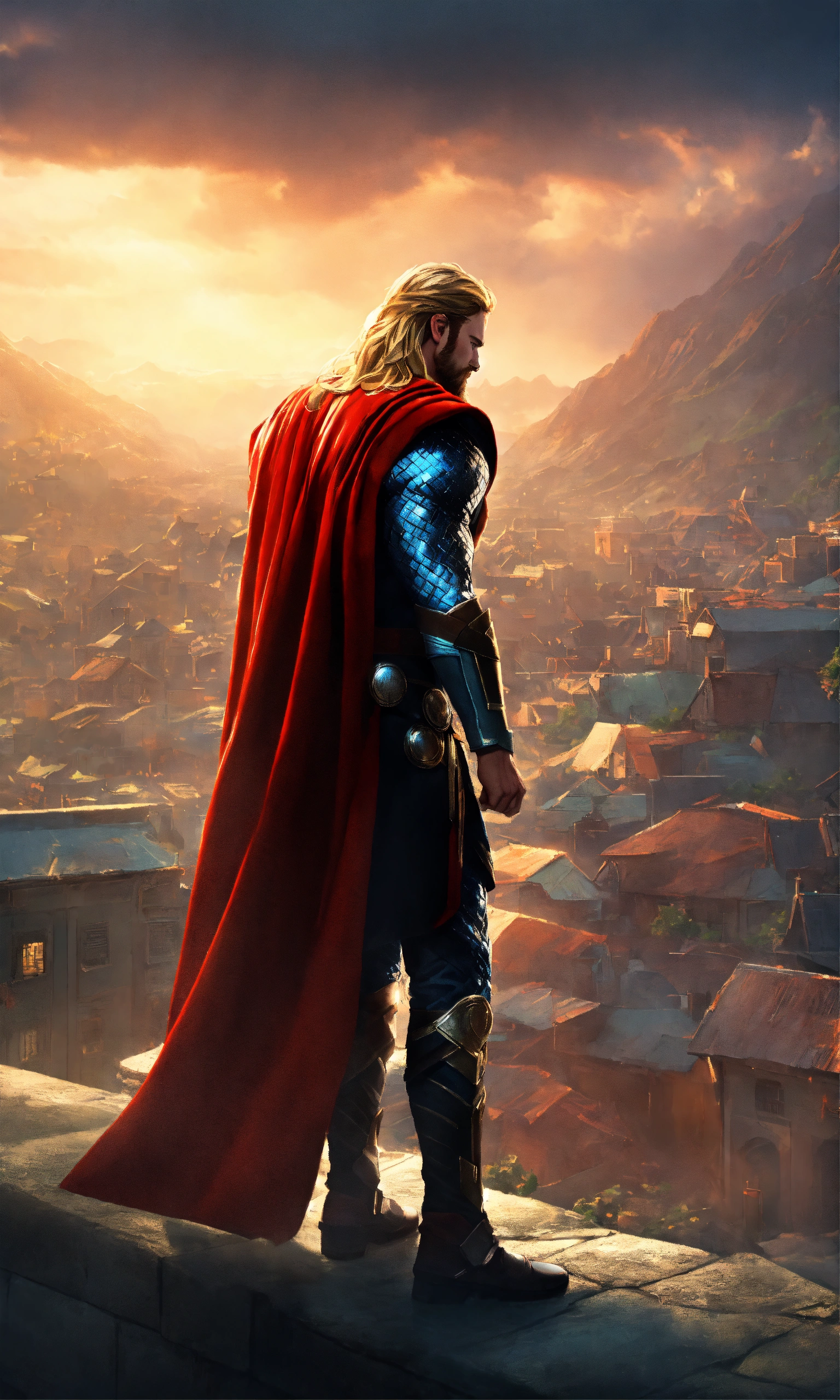 Lexica - Thor helps others, cinematic background, 2D render, cityside