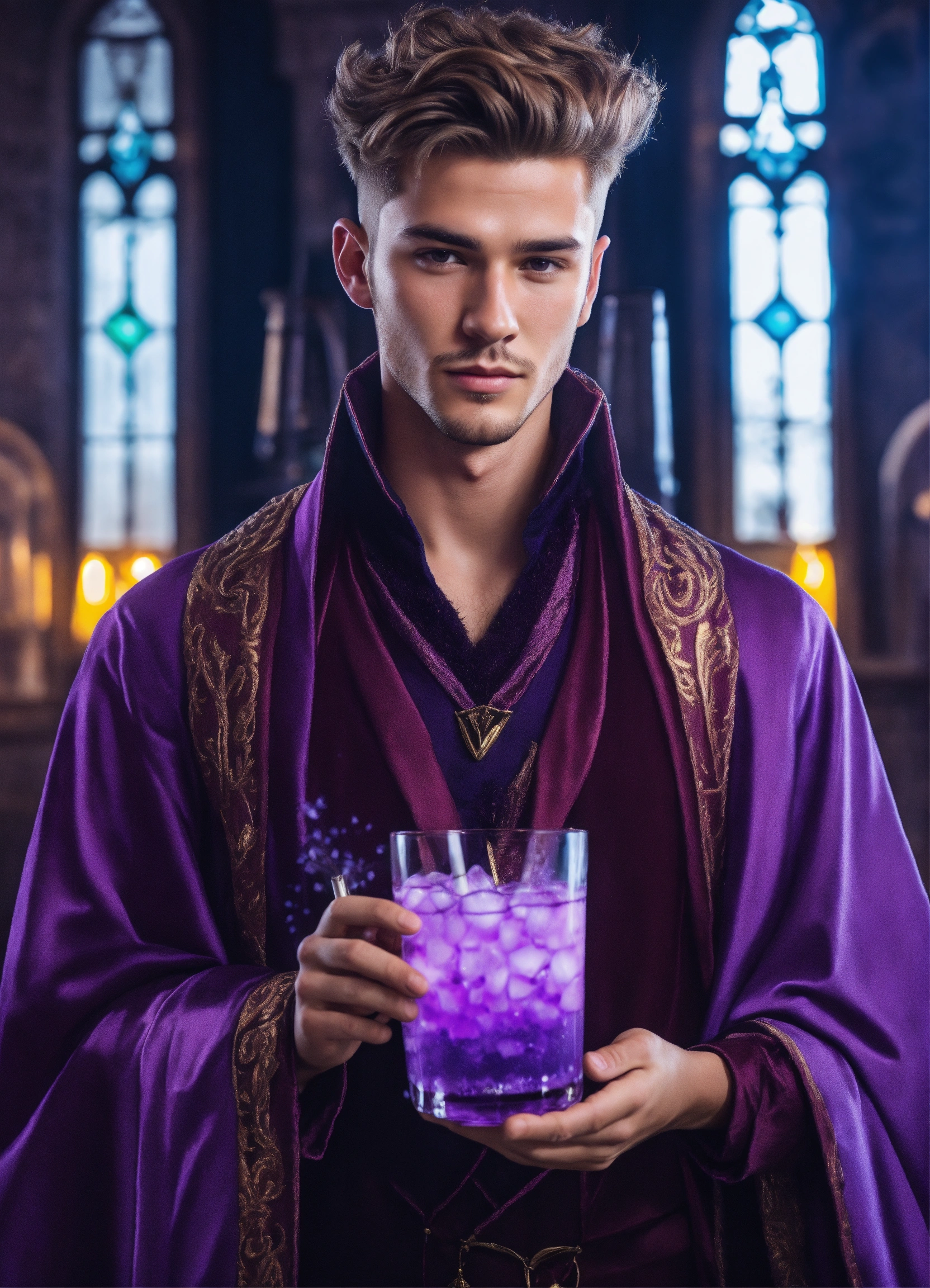Lexica - Handsome young wizard with modern hairstyle holding a purple drink