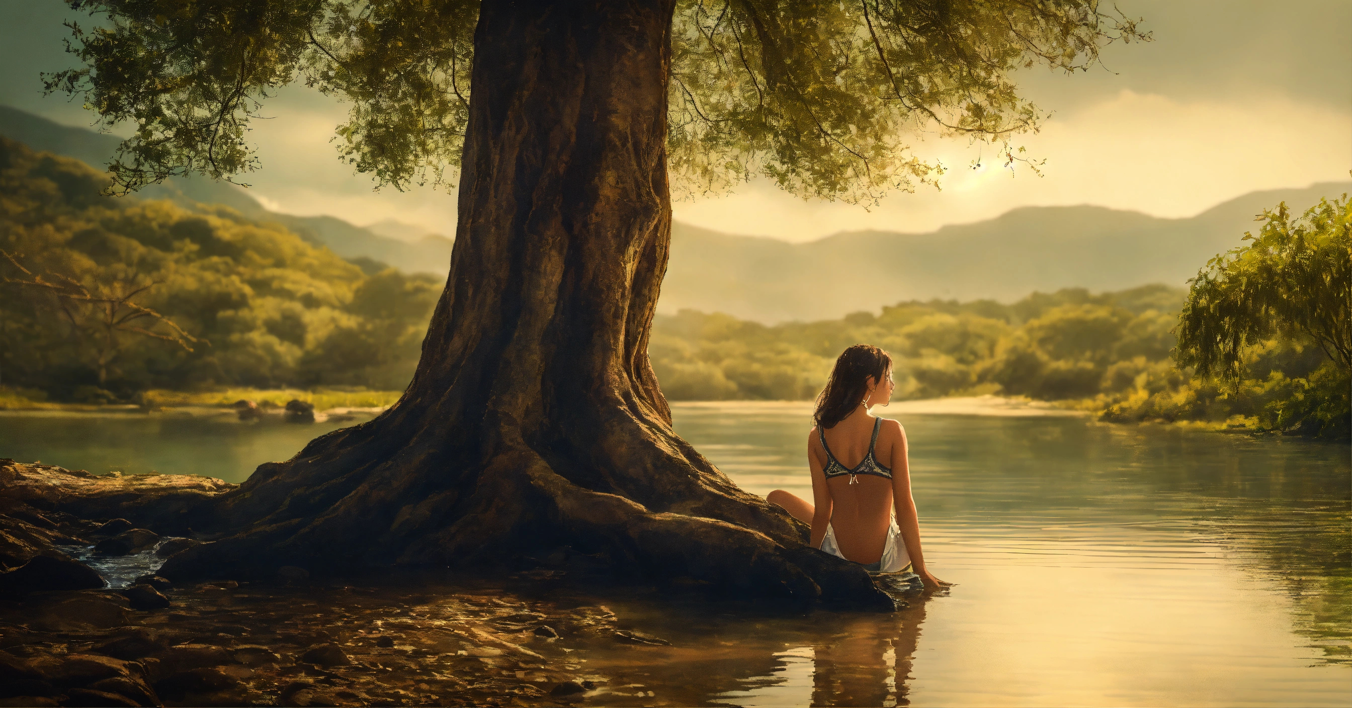Lexica - A young woman in front full frame, with her feet in the water ...