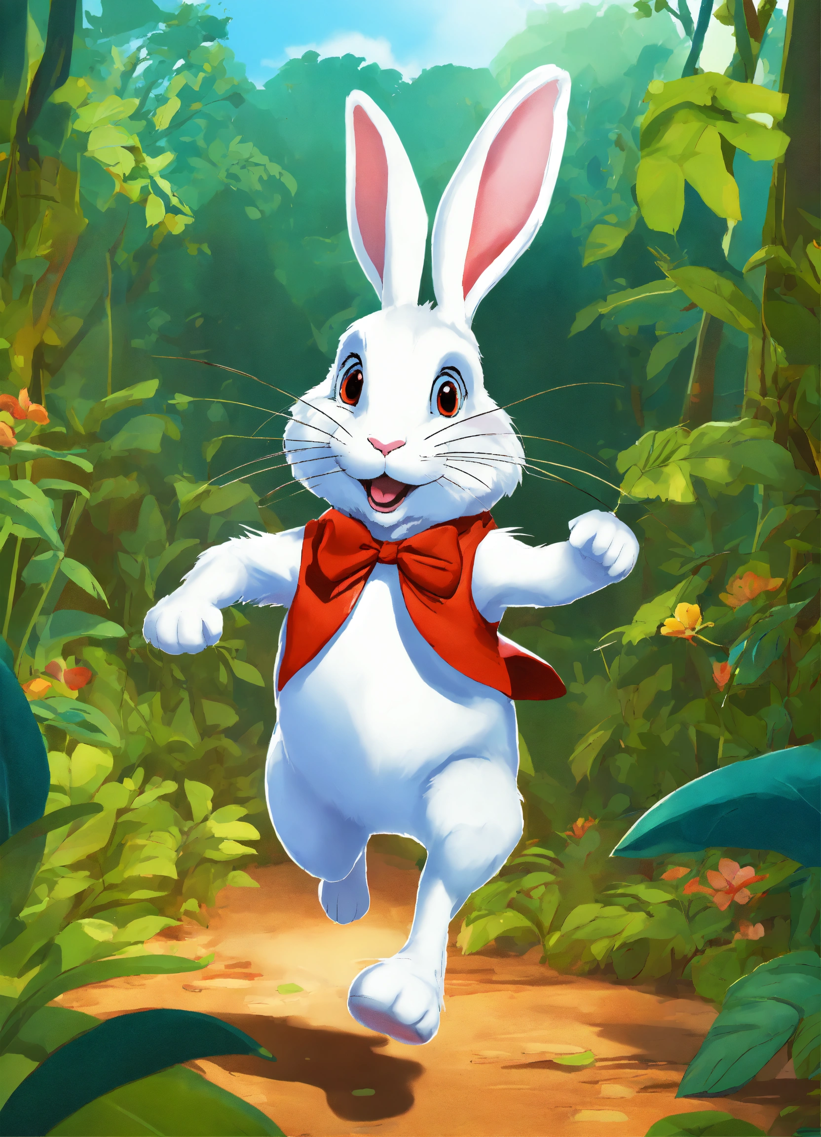 Lexica - Let cartoon white rabbit running on two legs in jungle