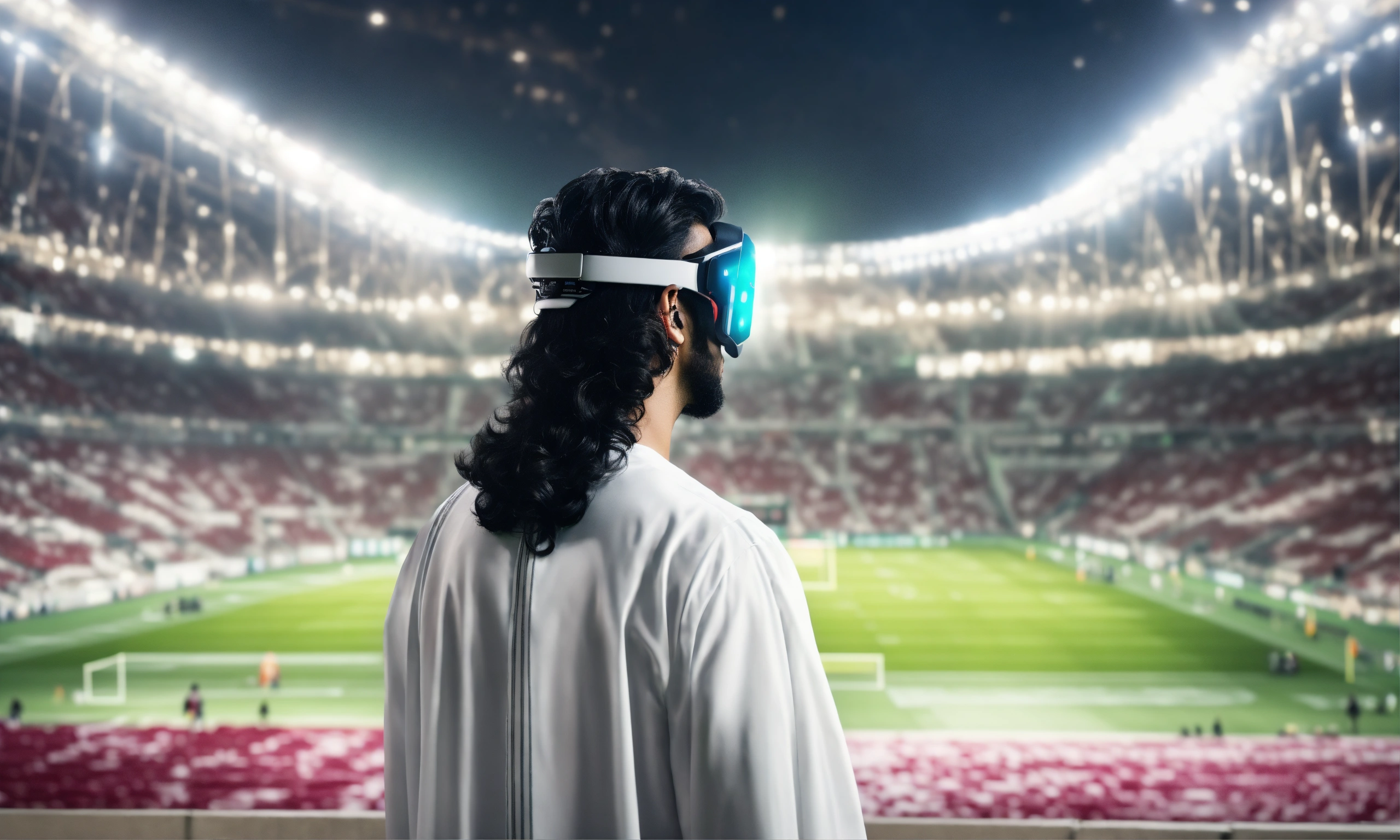 Lexica Saudi young man, in football stadium, new technology, wearing