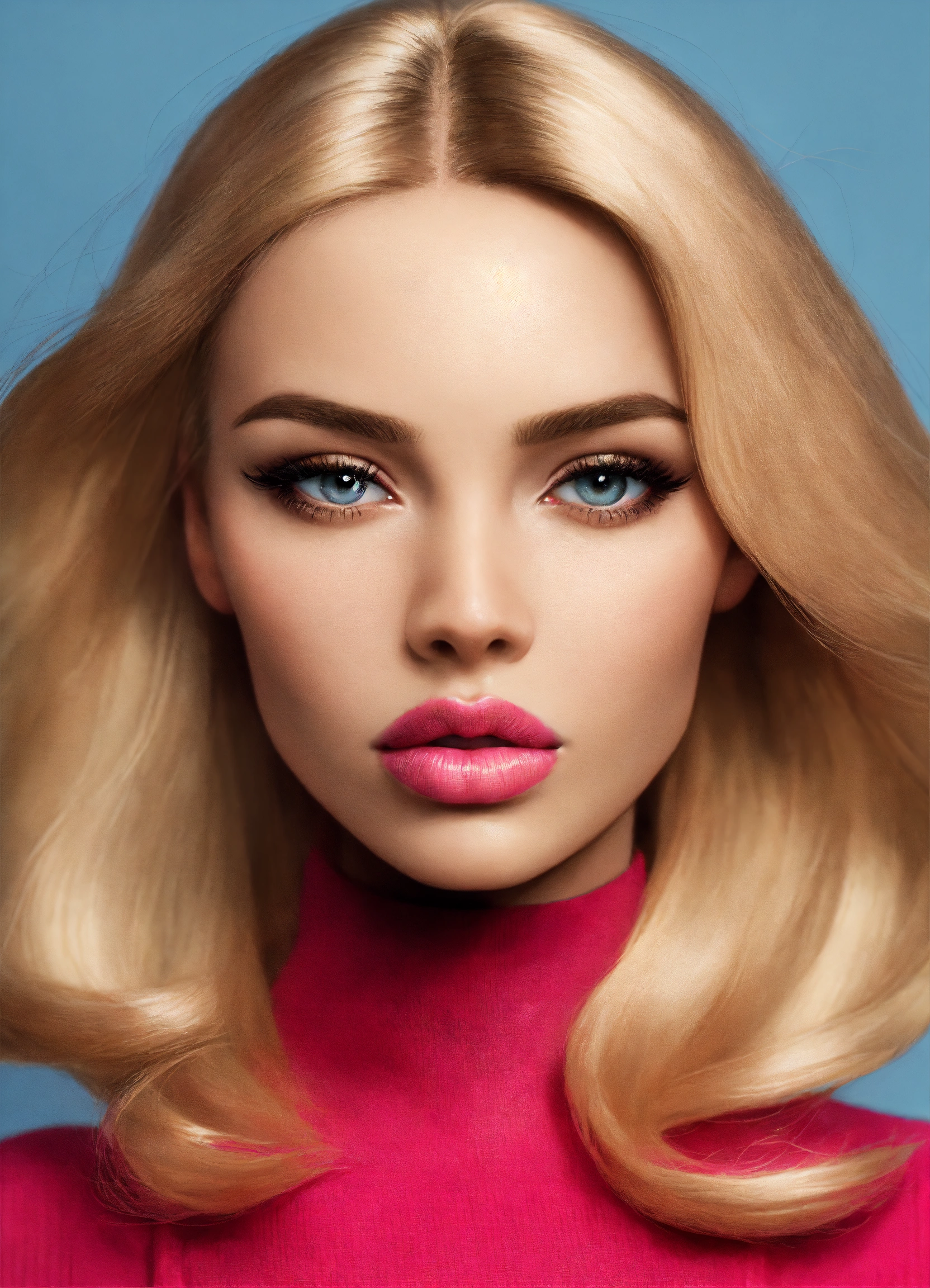 Lexica - Barbie girl fake blond woman big lips face front on symmetrical  photo realistic