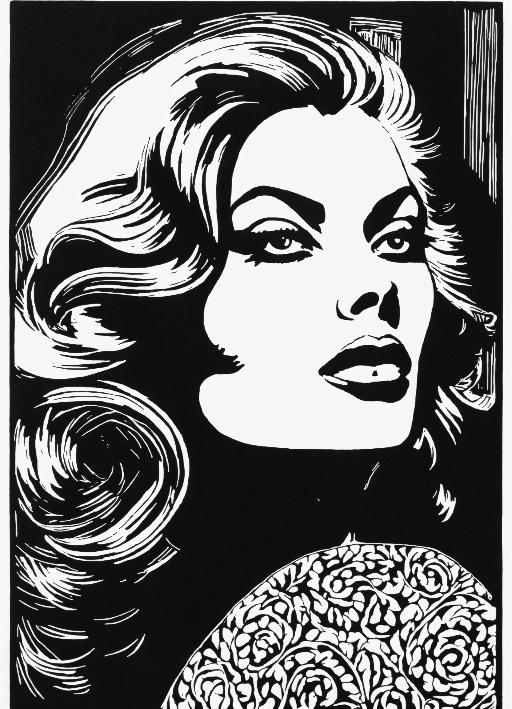Lexica - Black and white linocut, Anita Ekberg, very simple, very ...