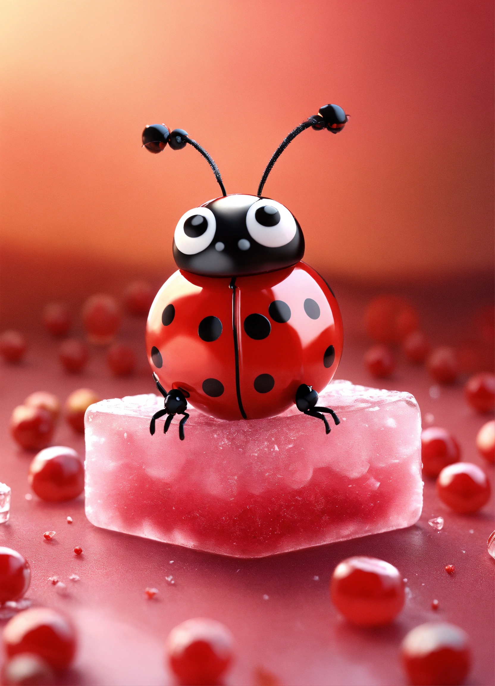 Lexica - A cute 3D ladybug character sitting on an cherry ice-cube ...