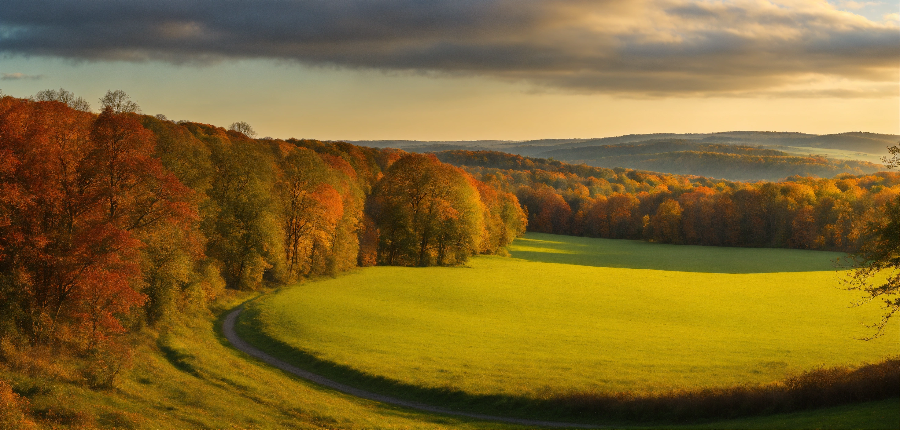 Lexica - A panoramic outdoor scene of woodland fields and hills that ...