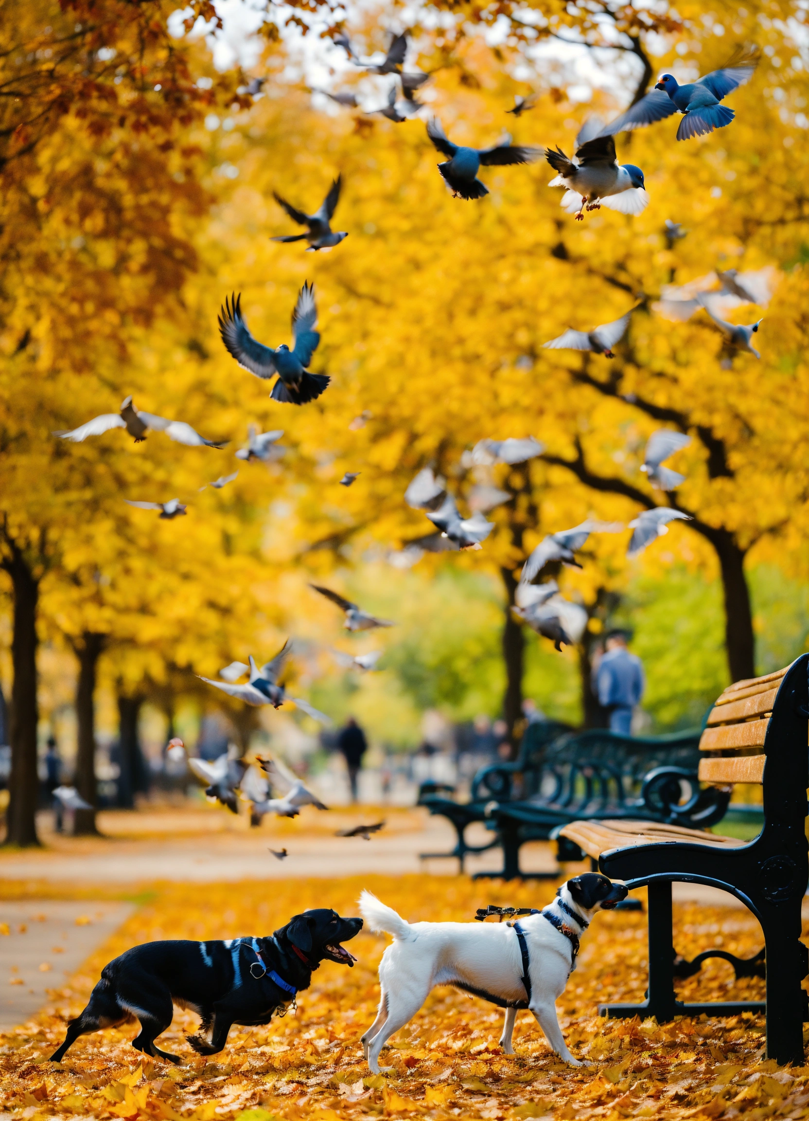 Lexica - Sureal dog chasing several pigeons in park with bench autumn ...