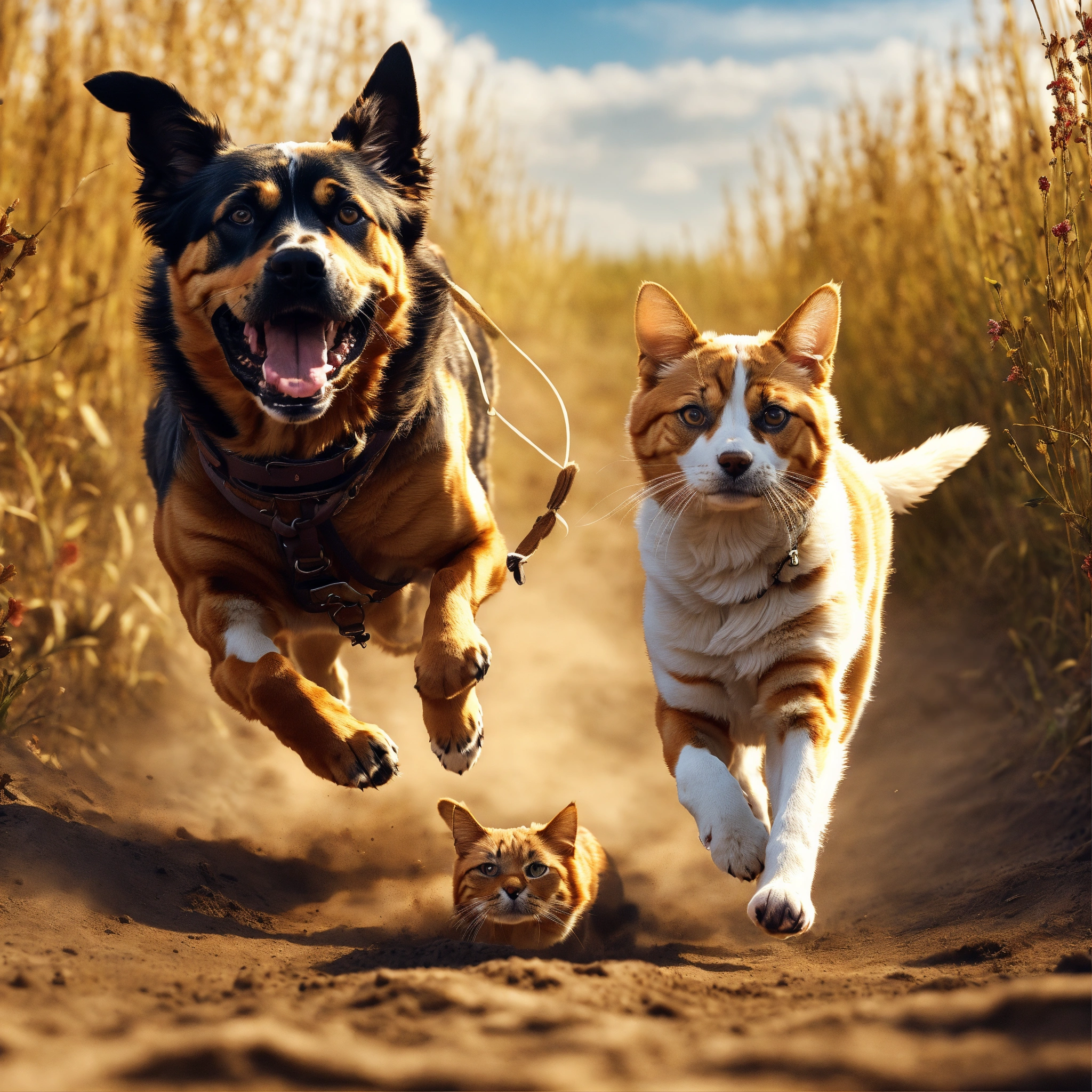 Lexica - A dog runs on the dirt, a cat rides on the dog and a strange ...